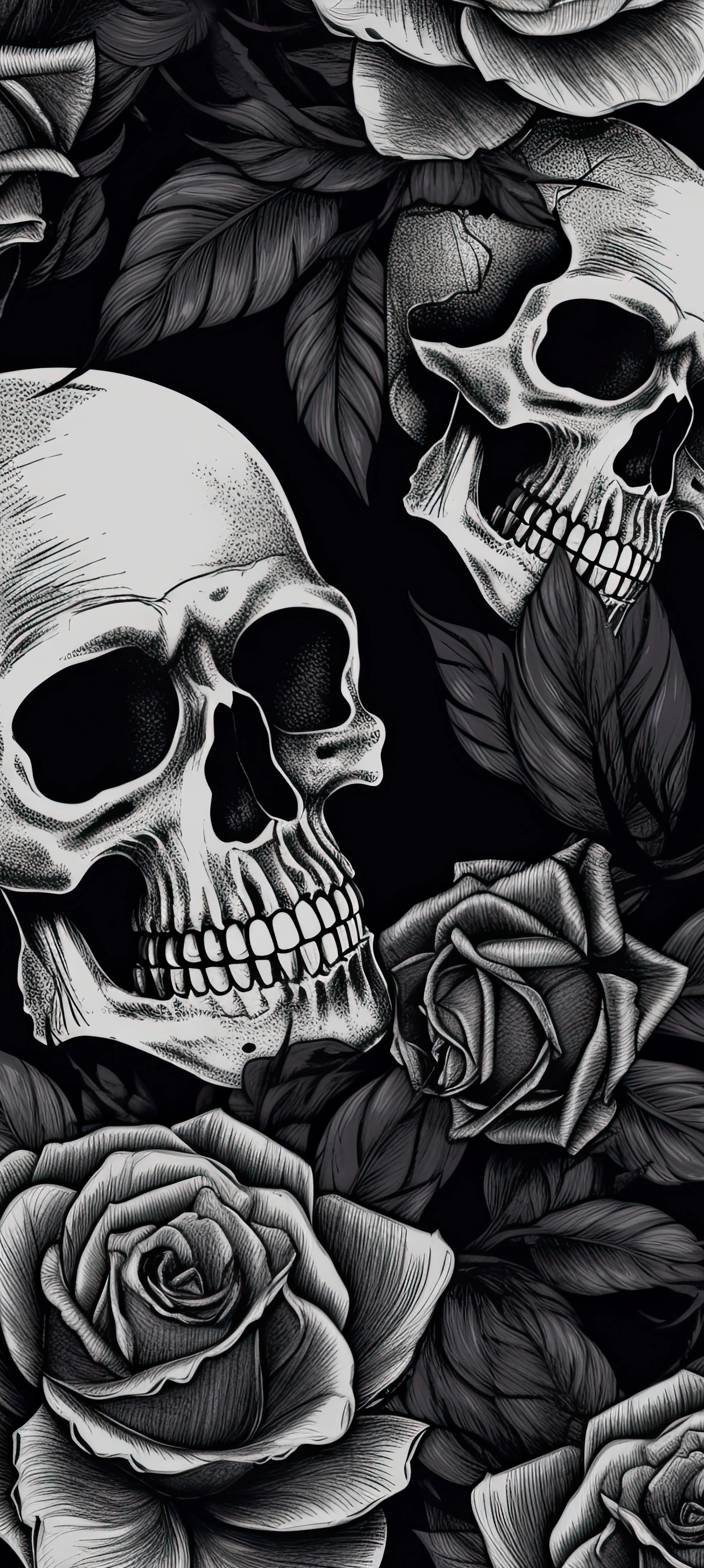 Skull with Roses in Dark Artistic Gothic Illustration Image