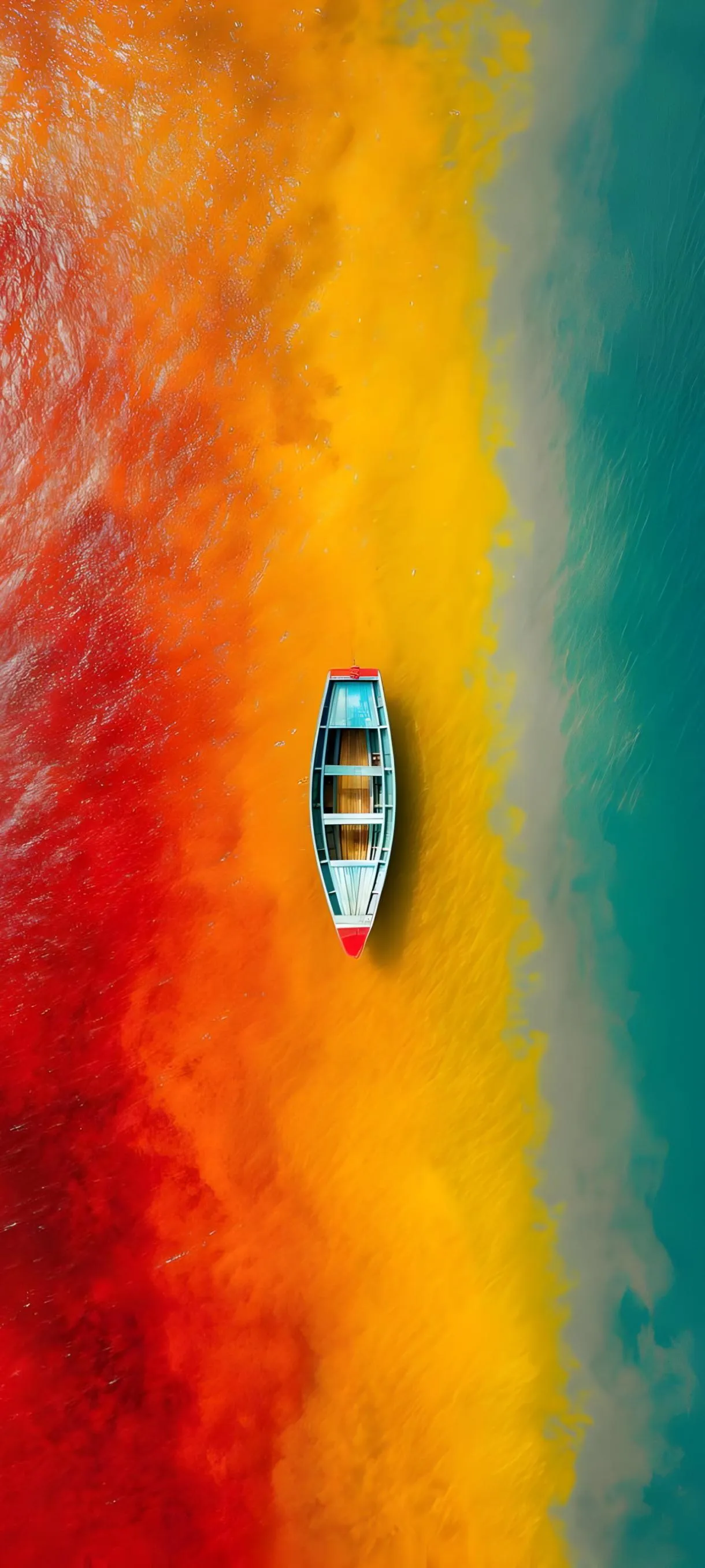 Small Boat Floating on Rainbow Colored Water Wallpaper
