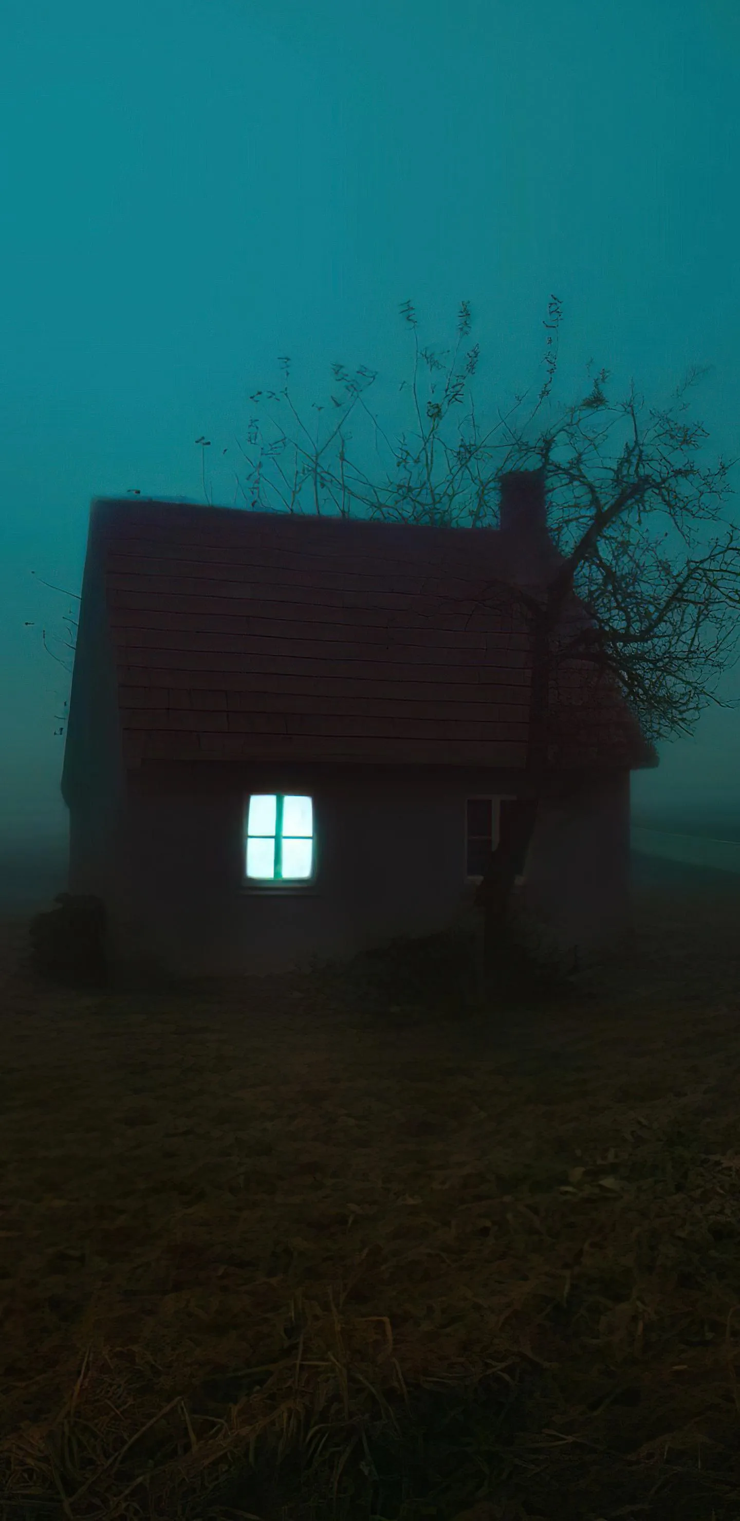 Small Cabin Glowing in the Dark Misty Forest Night