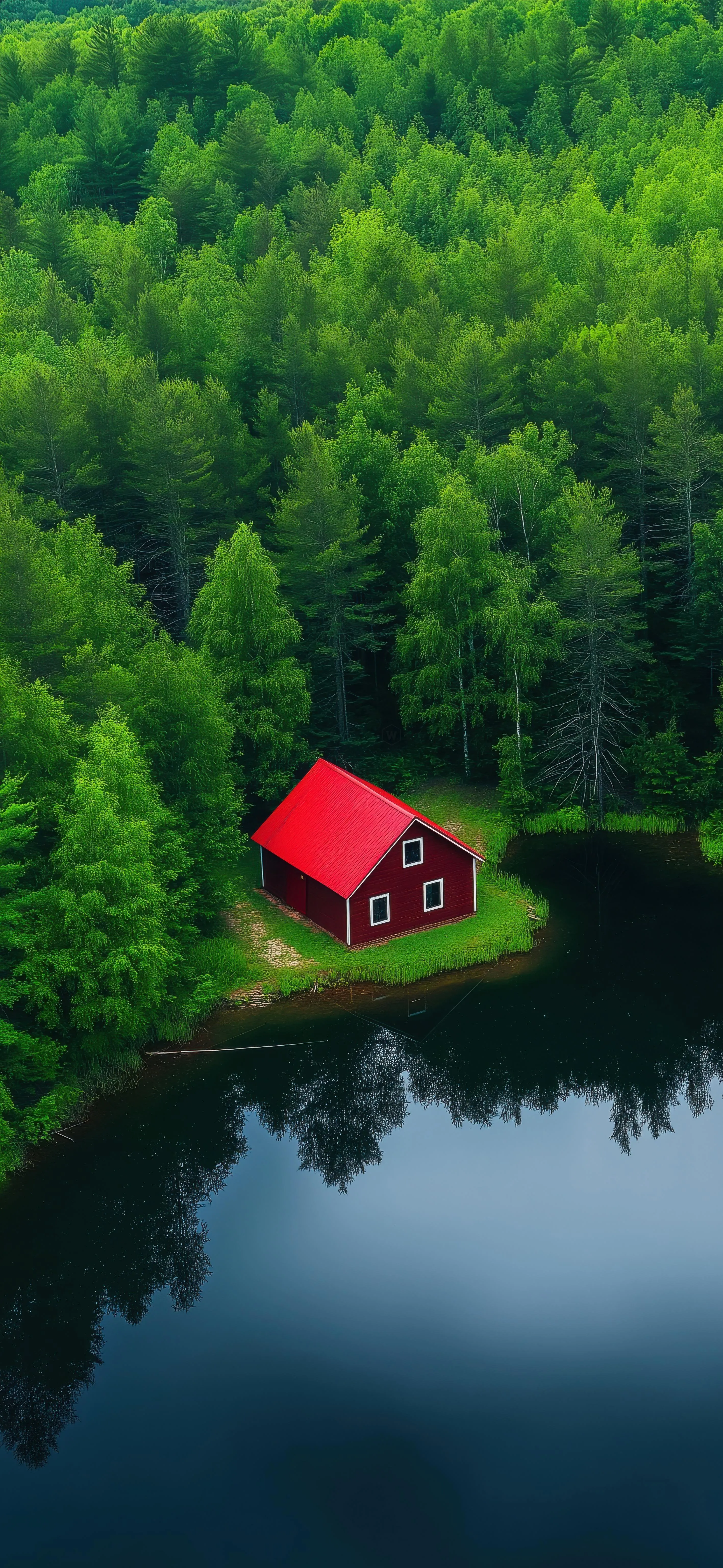 Small Red House Surrounded by Dense Green Forest and Lake