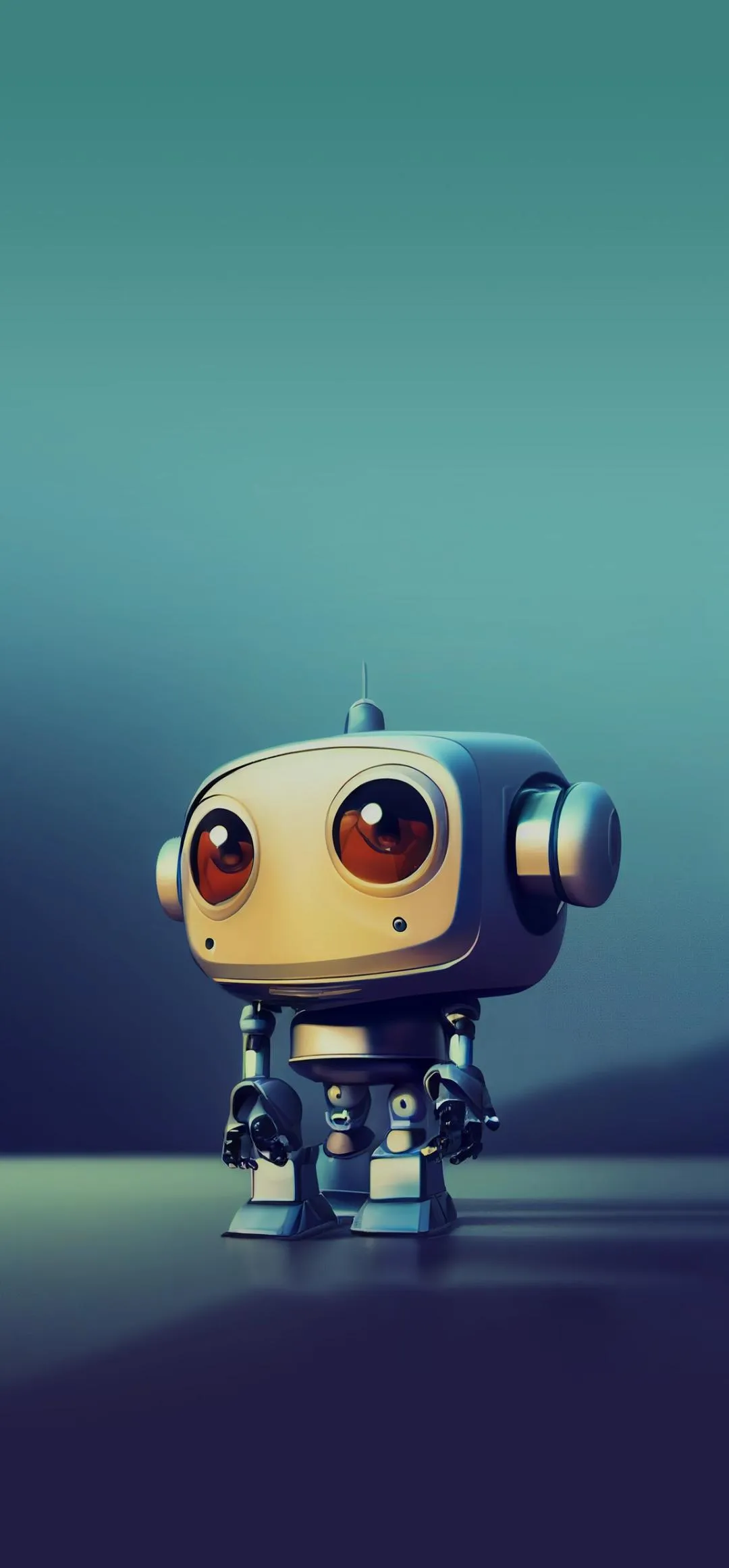 Small Robot Standing Alone on Bright Teal Surface Wallpaper