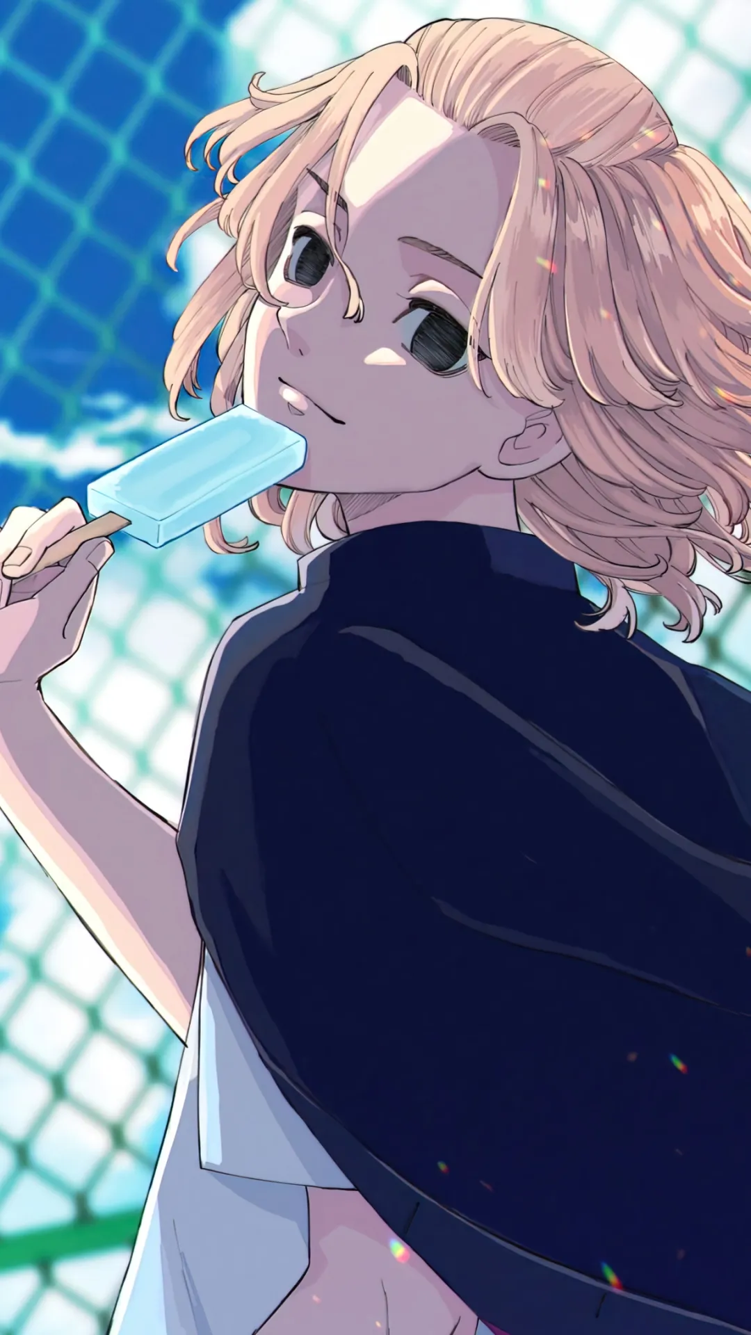 Smiling Anime Girl in Soft Blue and White Outfit Wallpaper