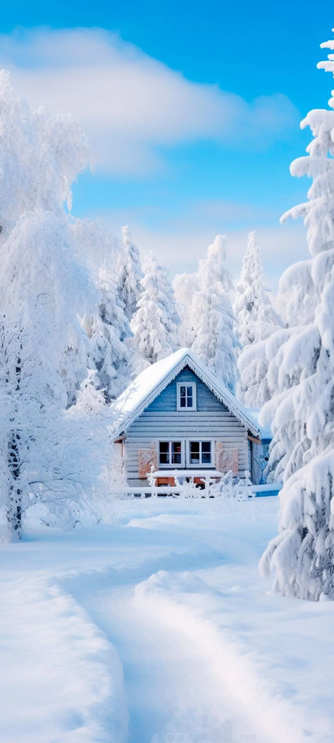 Snow Covered House in Peaceful Winter Forest Wallpaper