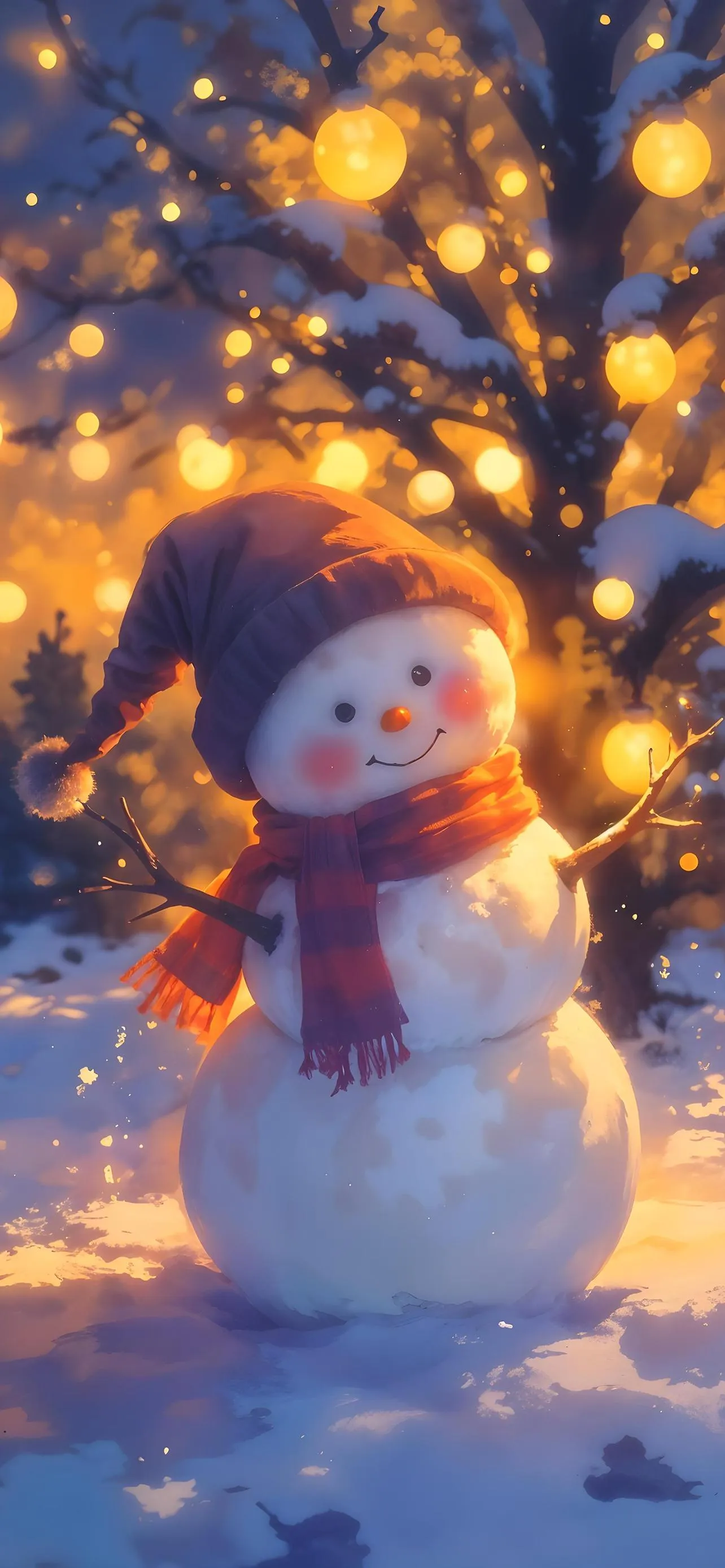 Snowman Glowing with Warm Lights During Snowfall Wallpaper