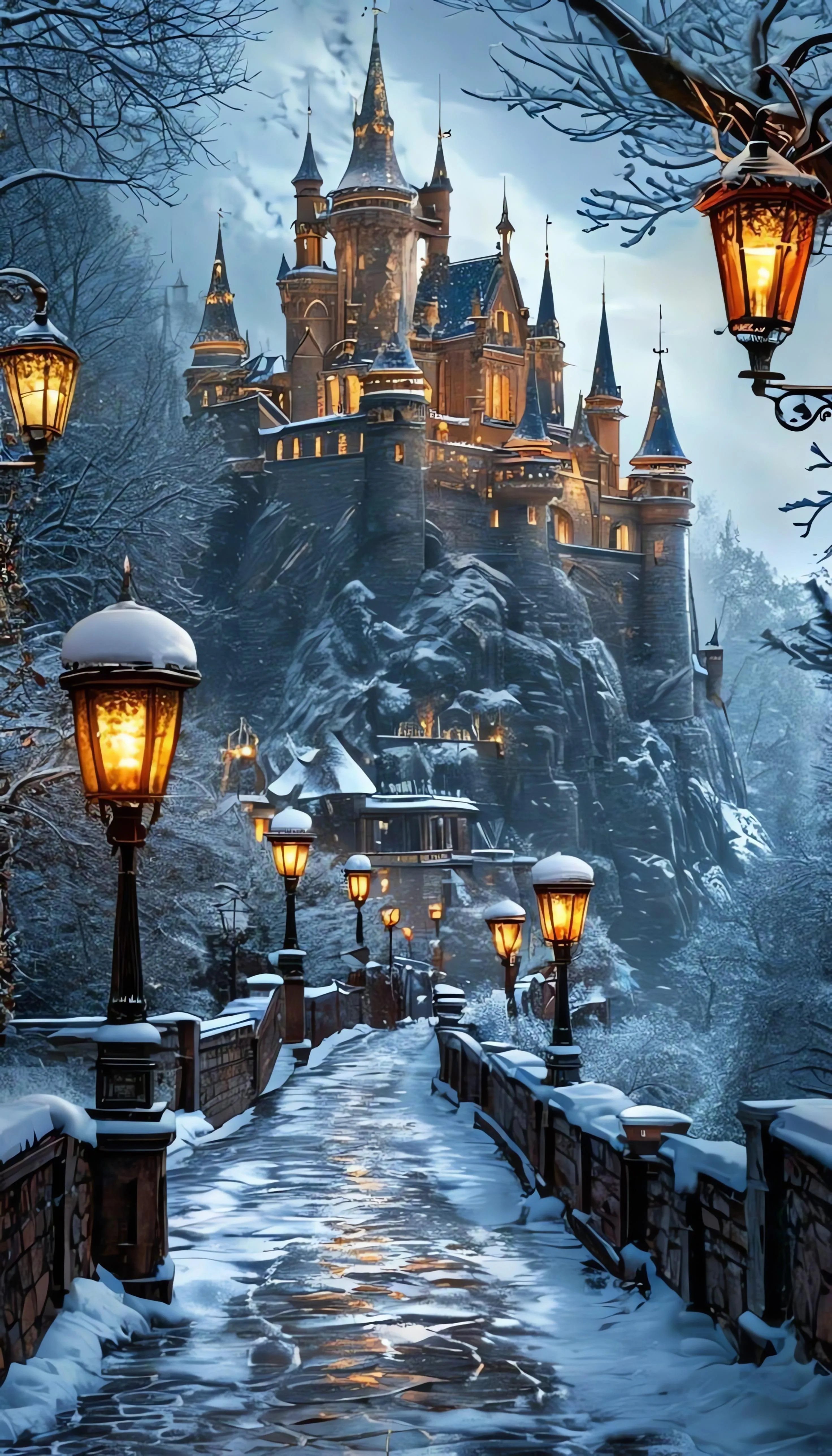 Snowy Castle with Warm Lights in Winter Night Wallpaper