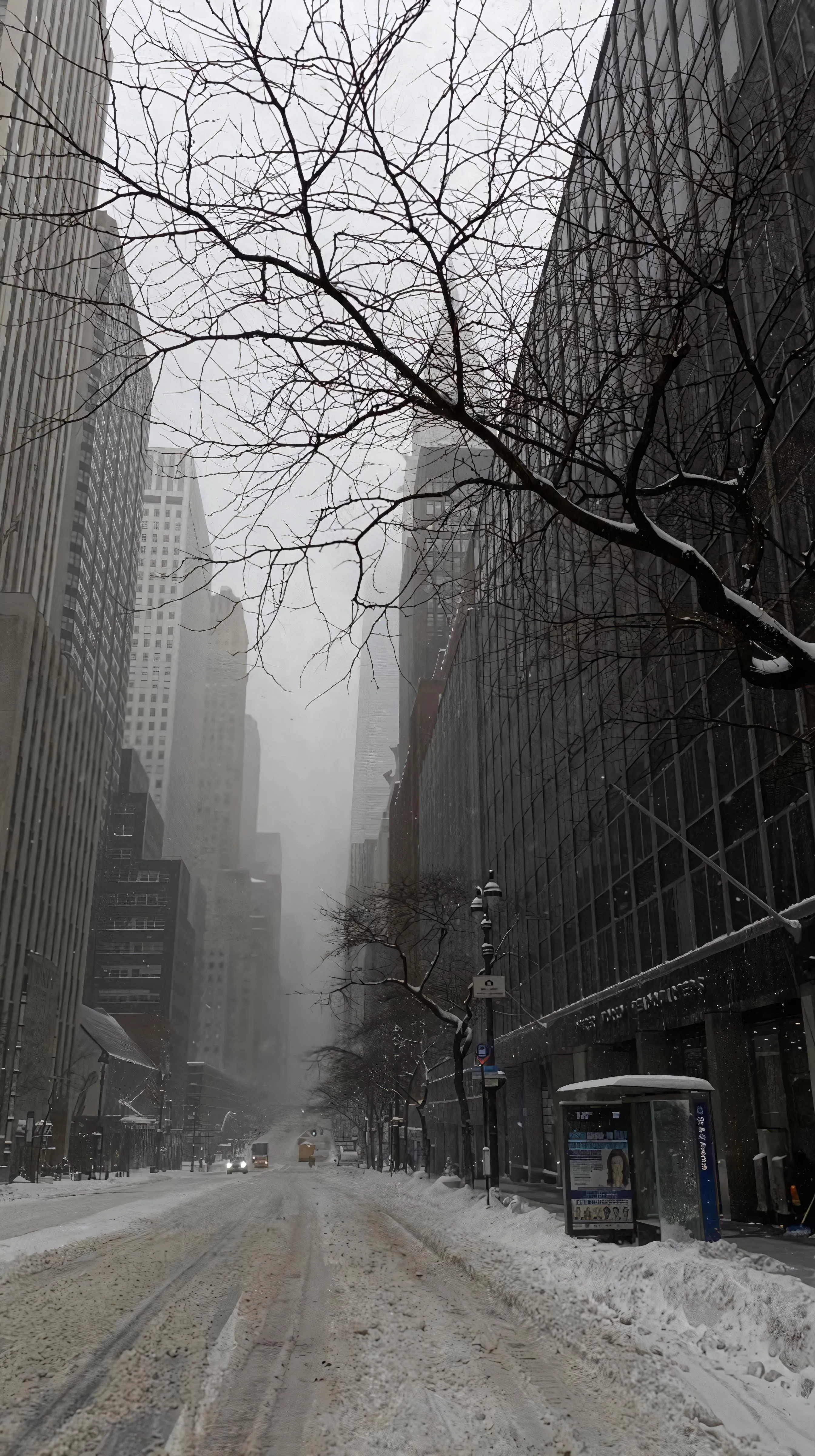 Snowy City Street with Bare Trees and Tall Buildings