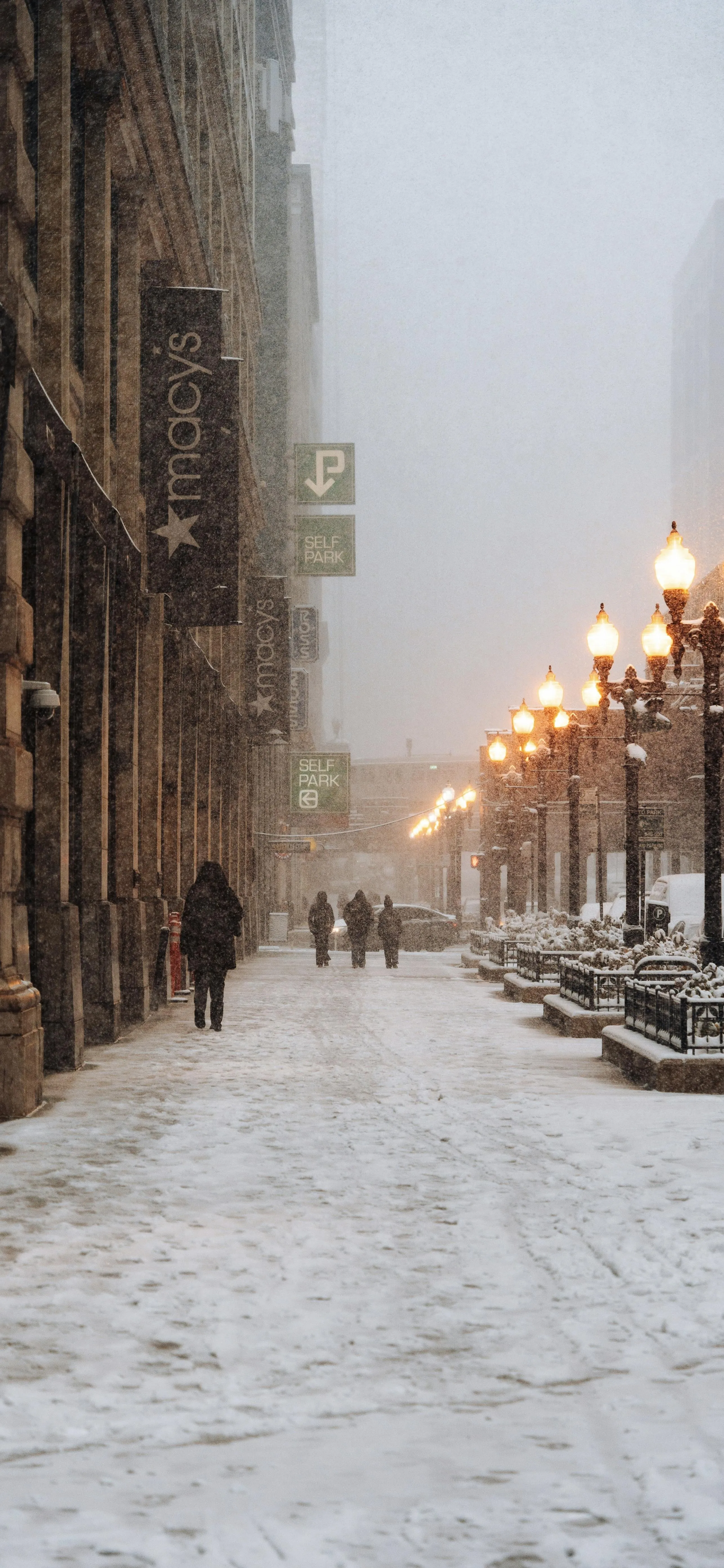 Snowy City Street with Warm Evening Lights Wallpaper