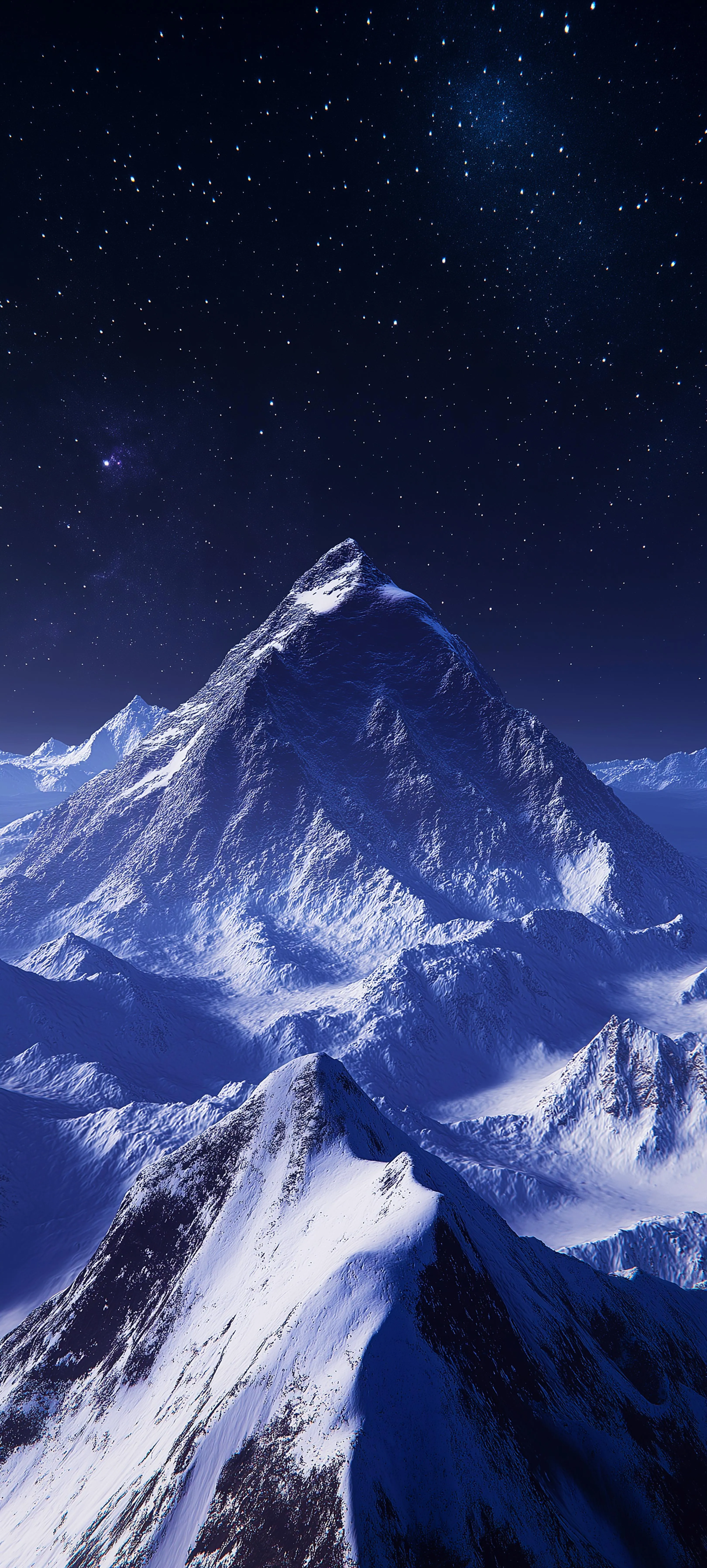 Snowy Mountain Peak Under Starry Night Sky View Wallpaper