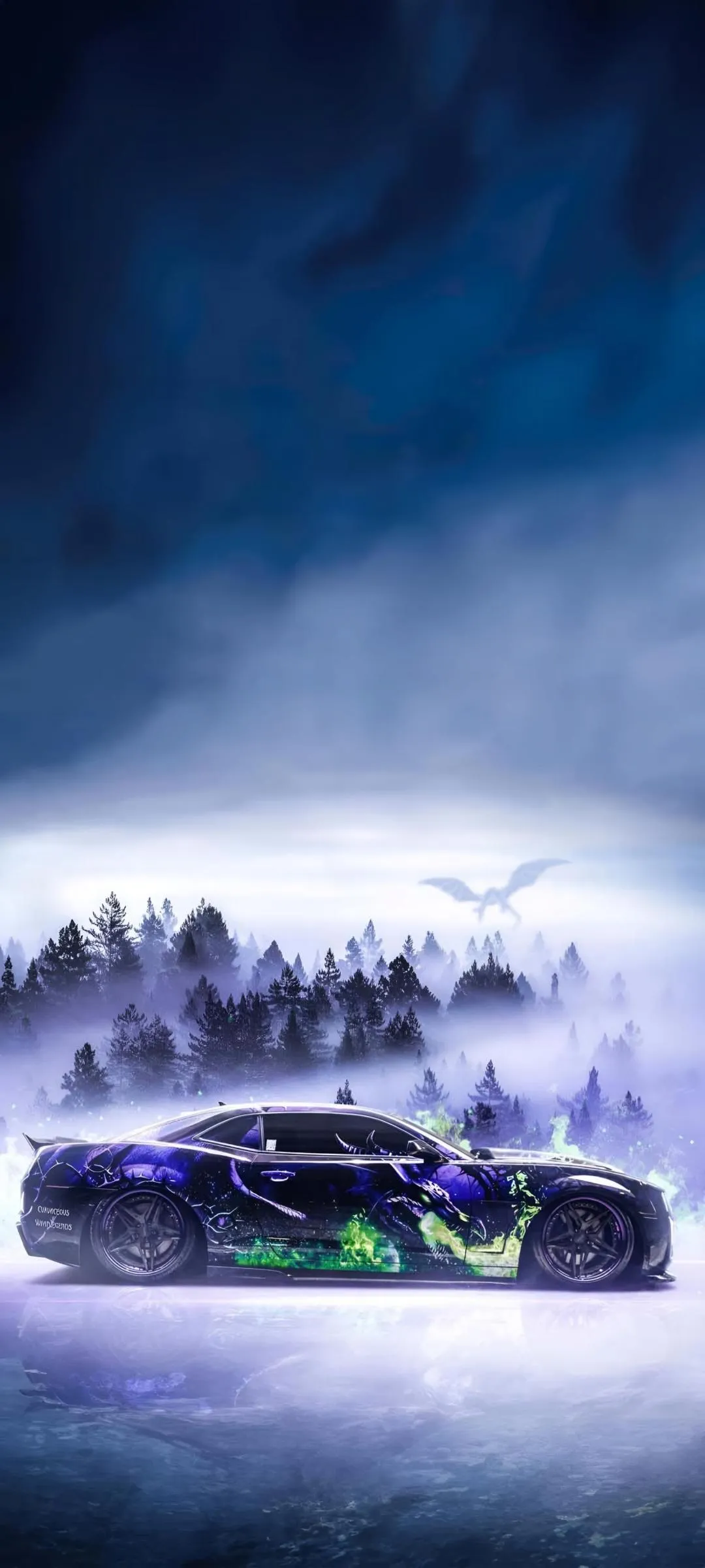Snowy Mountain Scene with Car and Purple Sky Reflections