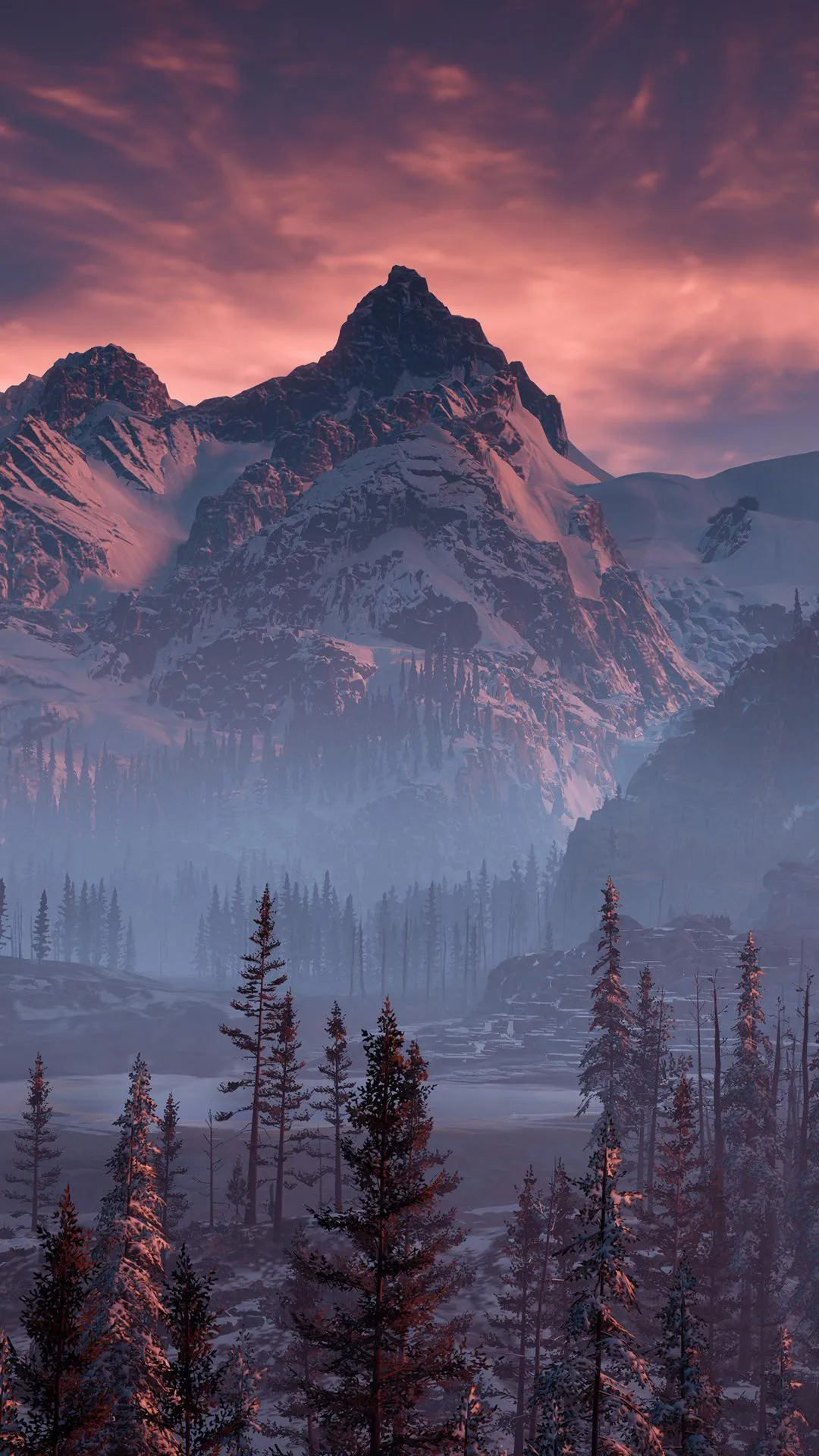 Snowy Mountains with Pine Trees at Sunset Time Wallpaper