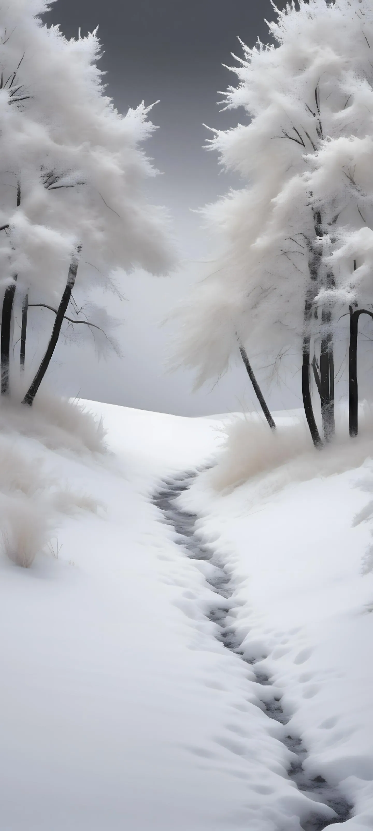 Snowy Winter Path in White Forest with Deep Footprints