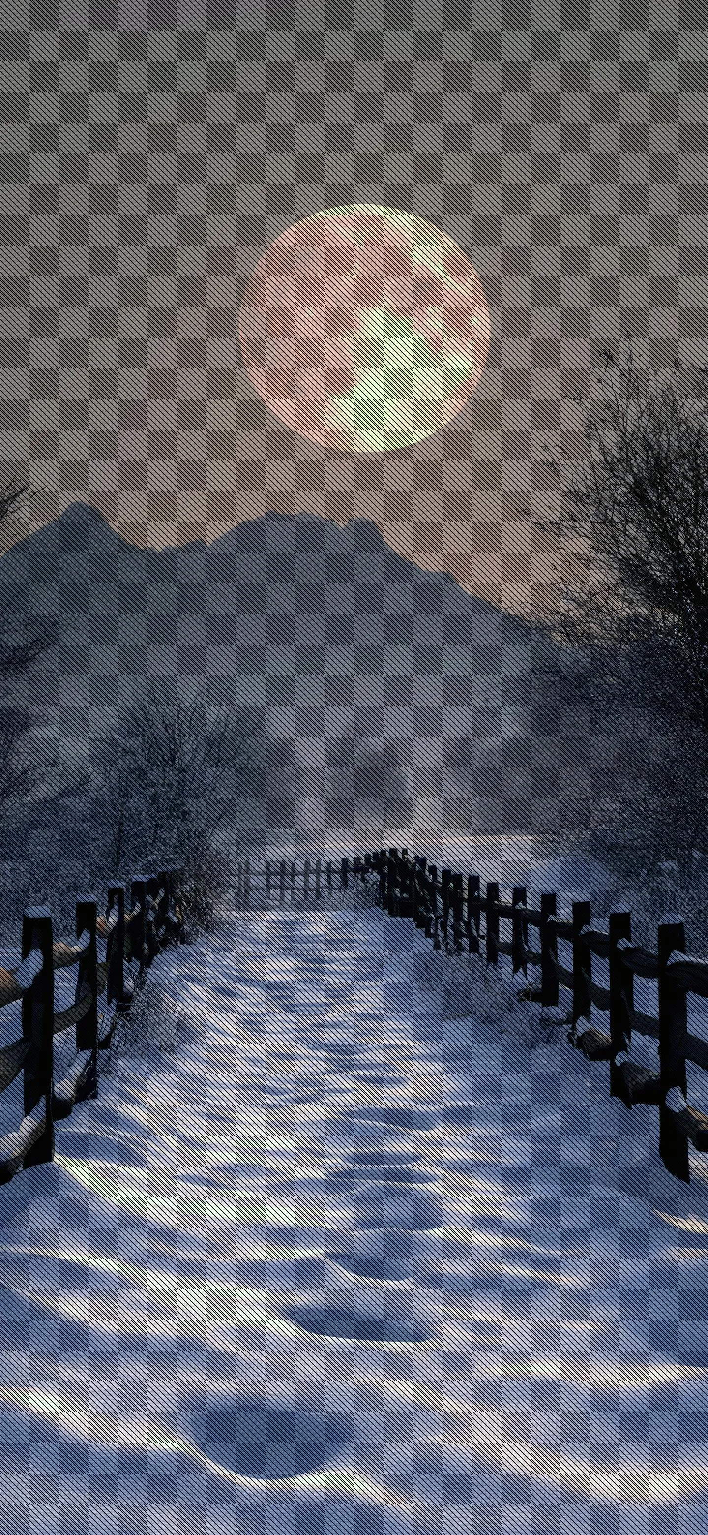 Snowy Winter Path with Moonlight for Peaceful Phone Vibe