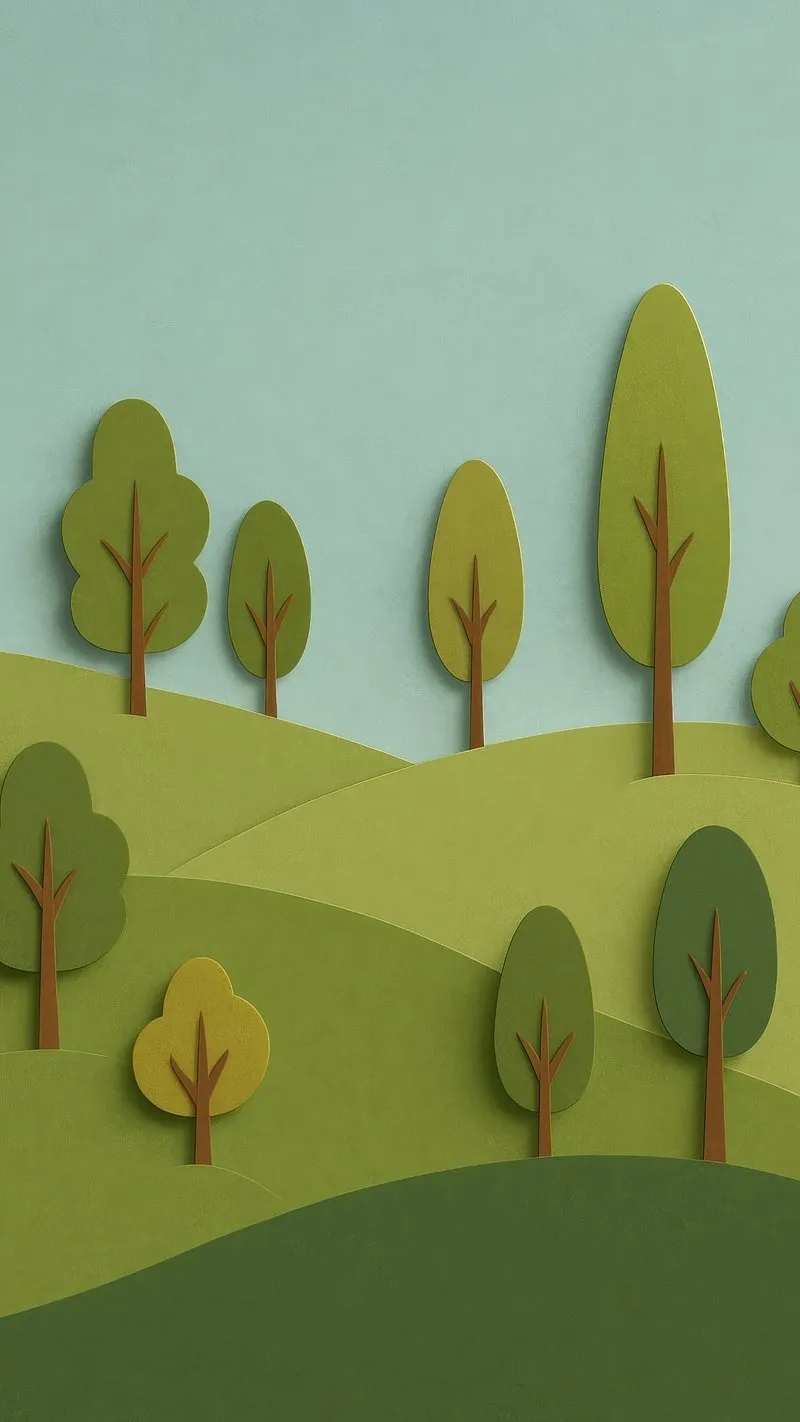 Soft Green Landscape Featuring Trees Under Gentle Warm Sky