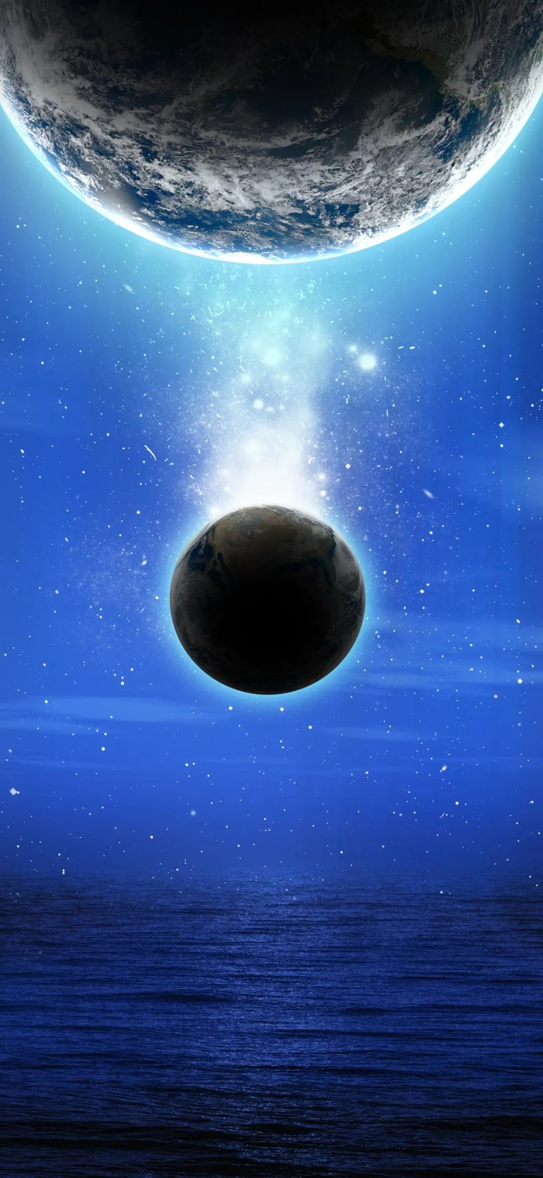 Solar Eclipse Over Ocean Horizon with Deep Blue Sky