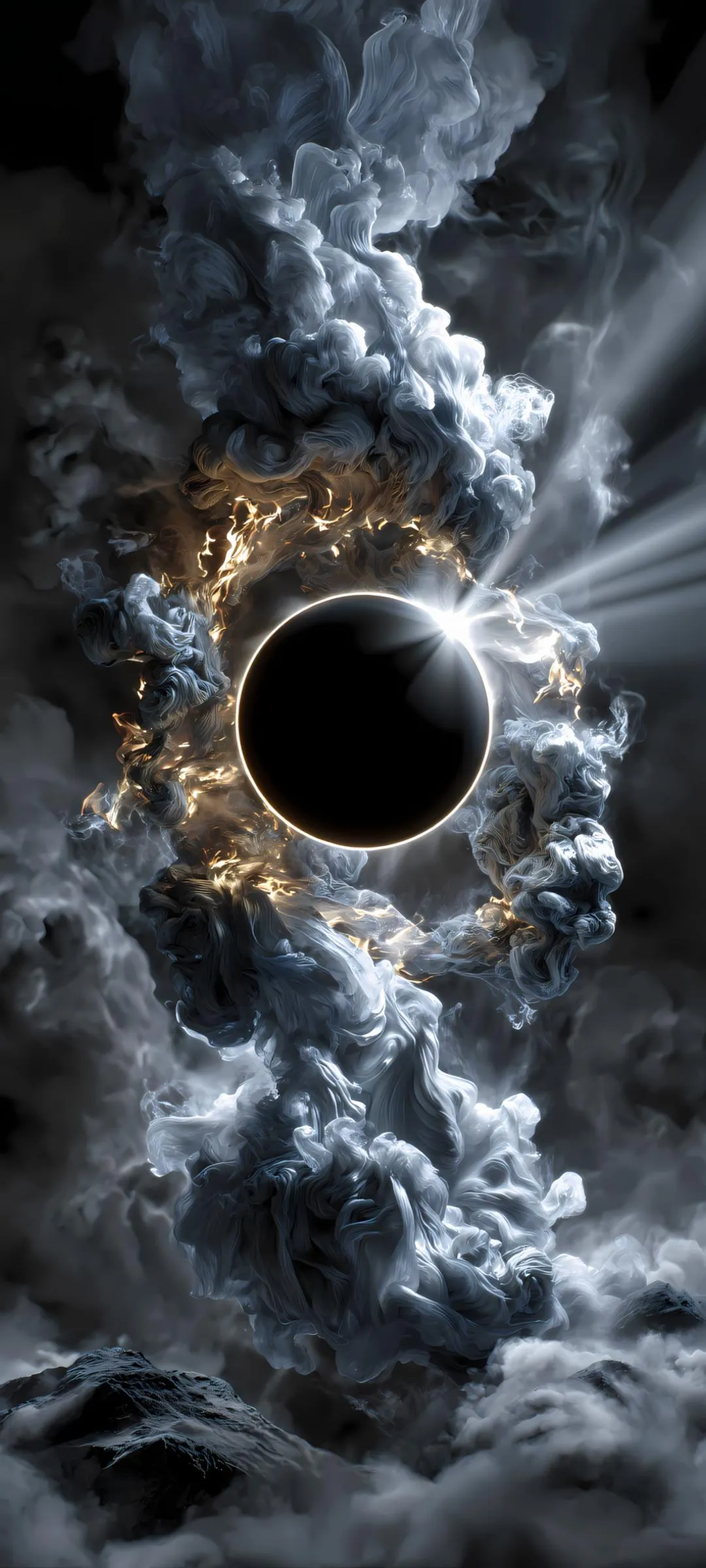 Solar Eclipse Surrounded by Glowing Stormy Clouds Wallpaper