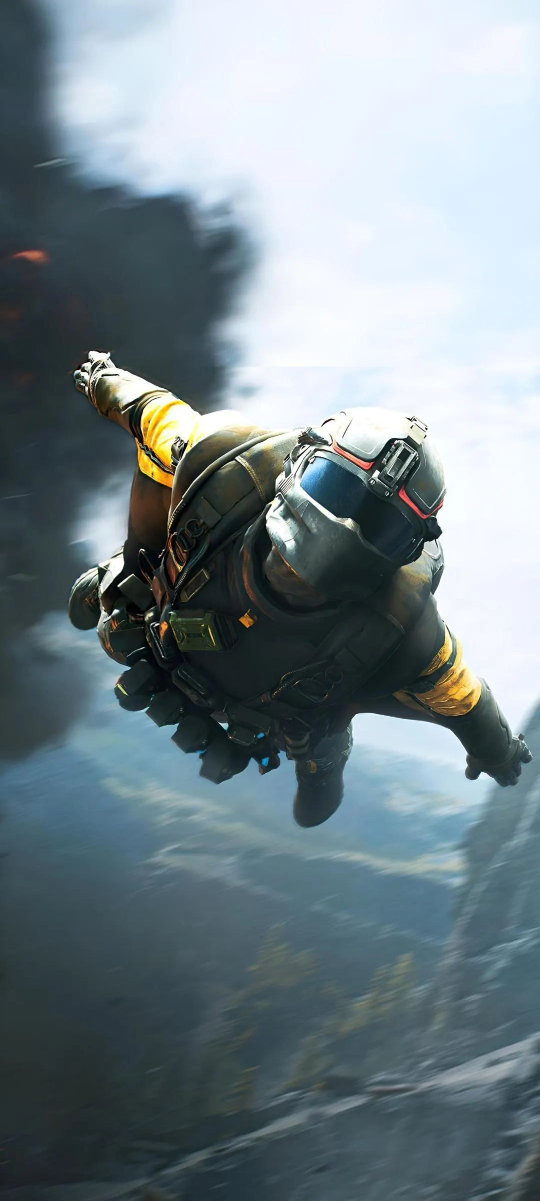 Soldier Flying With Jetpack in Cloudy Sky Scene Wallpaper