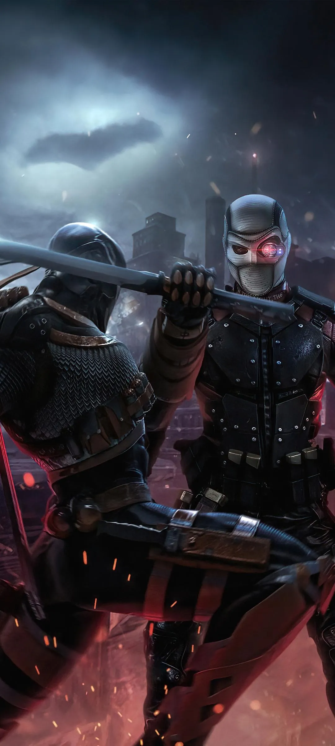 Soldier in Red Lit Battle Scene Carrying Heavy Weapon