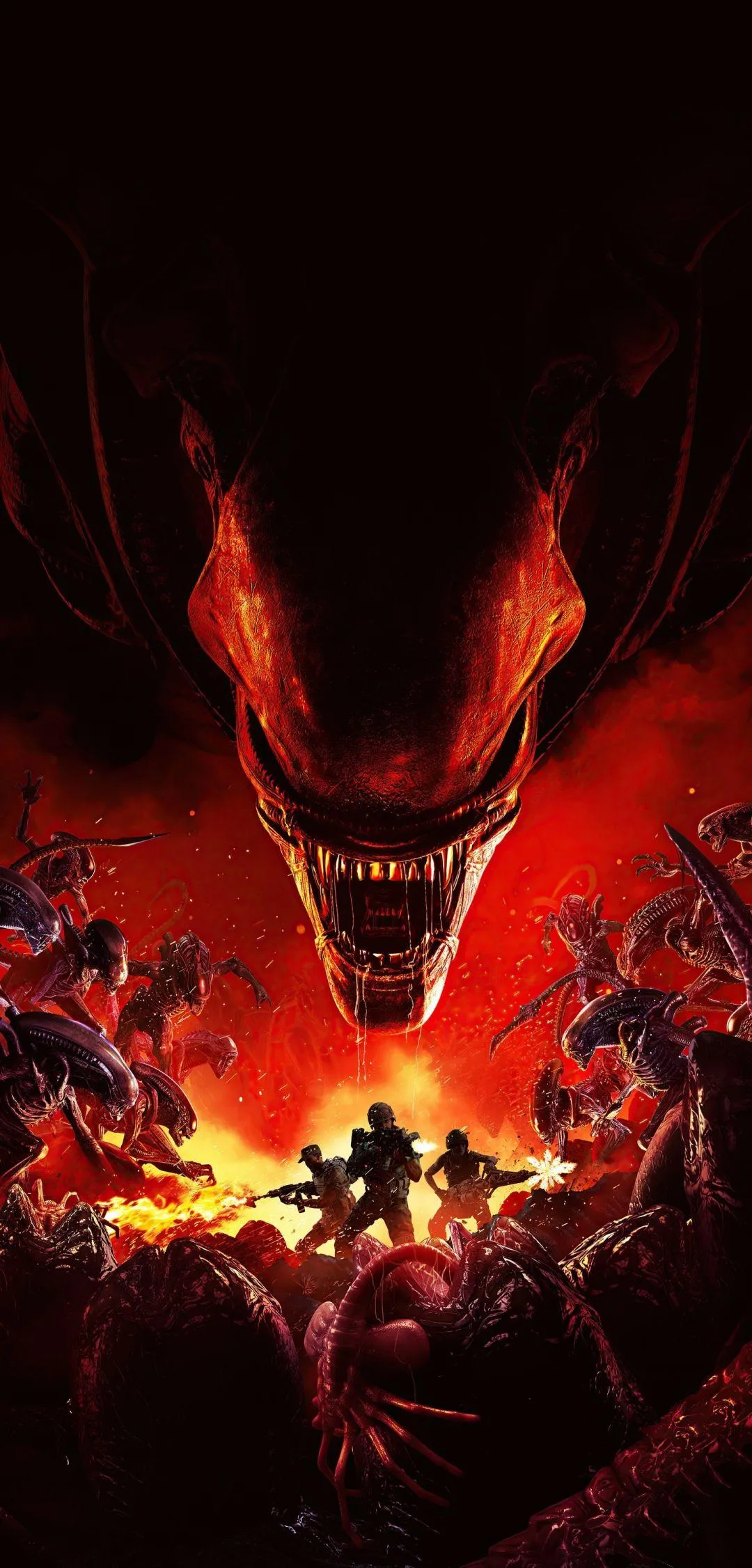 Soldiers Confront Massive Alien Threat on Fiery Battlefield