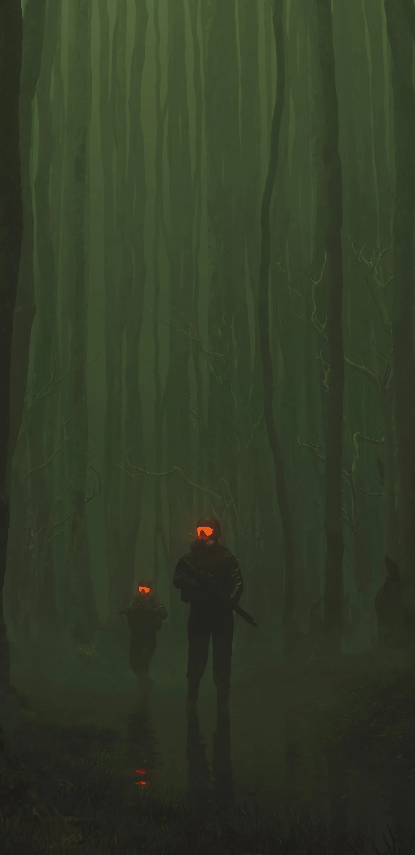 Soldiers with Glowing Visors Patrolling Eerie Forest