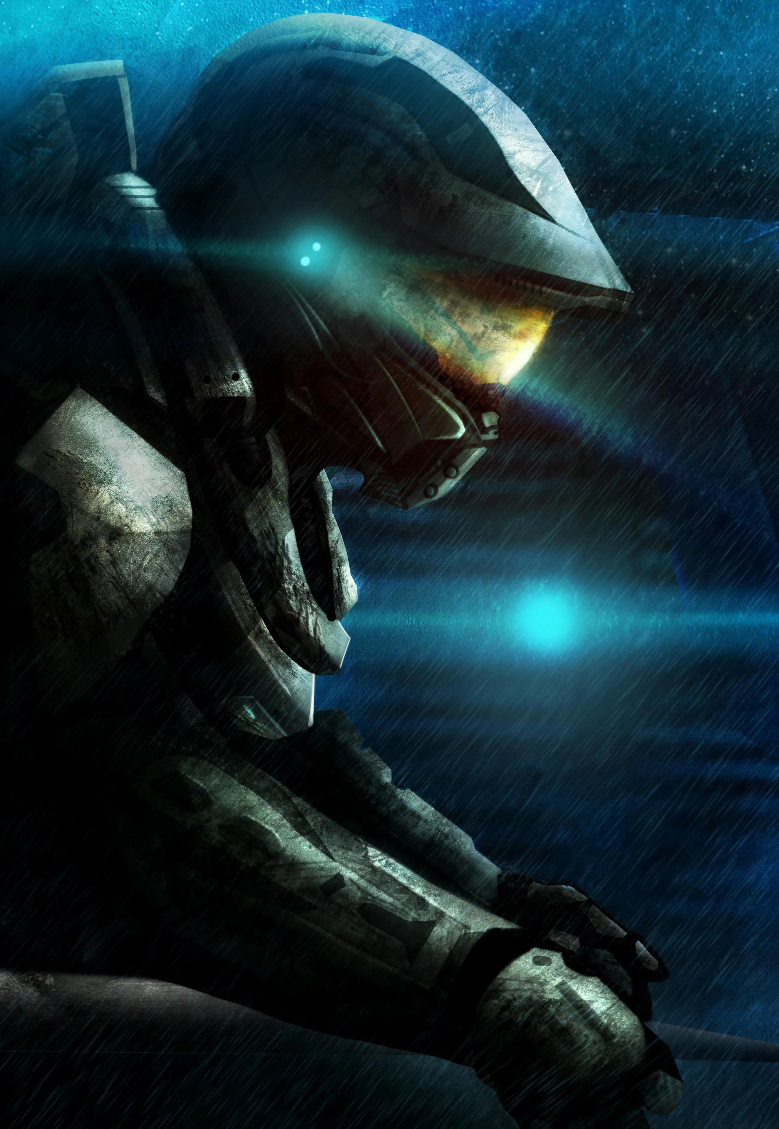 Space Armored Soldier Kneeling on Misty Terrain Wallpaper