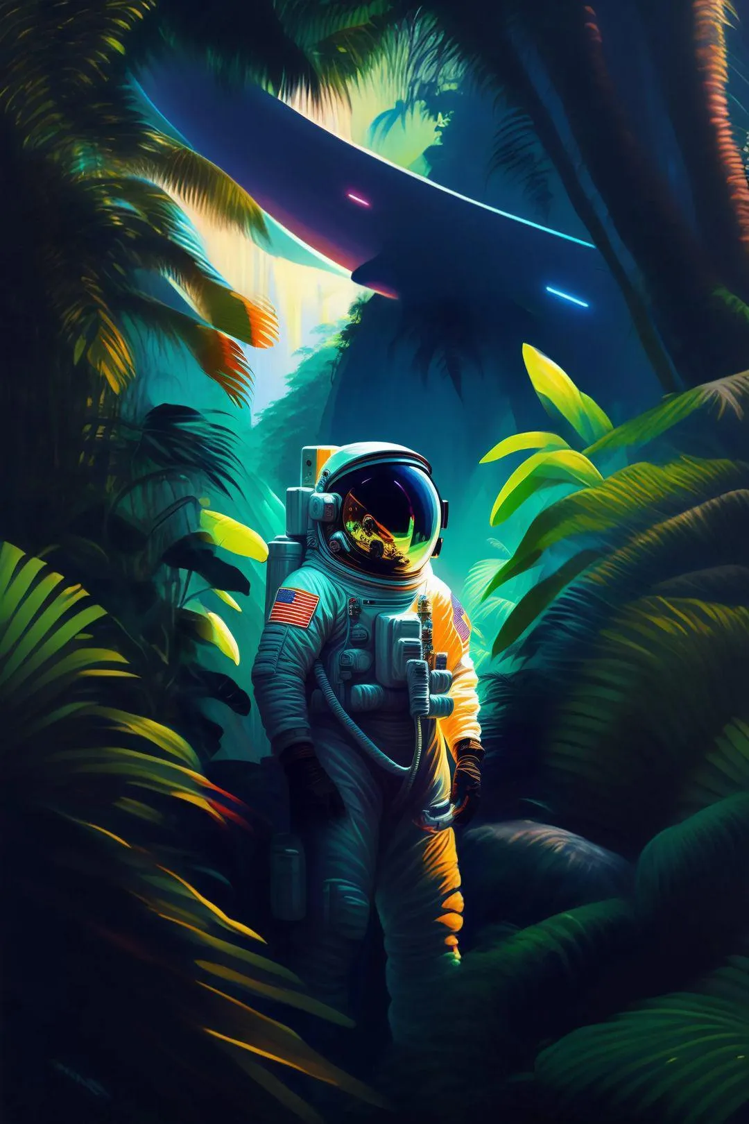 Space Explorer Walking Through Glowing Jungle Scene