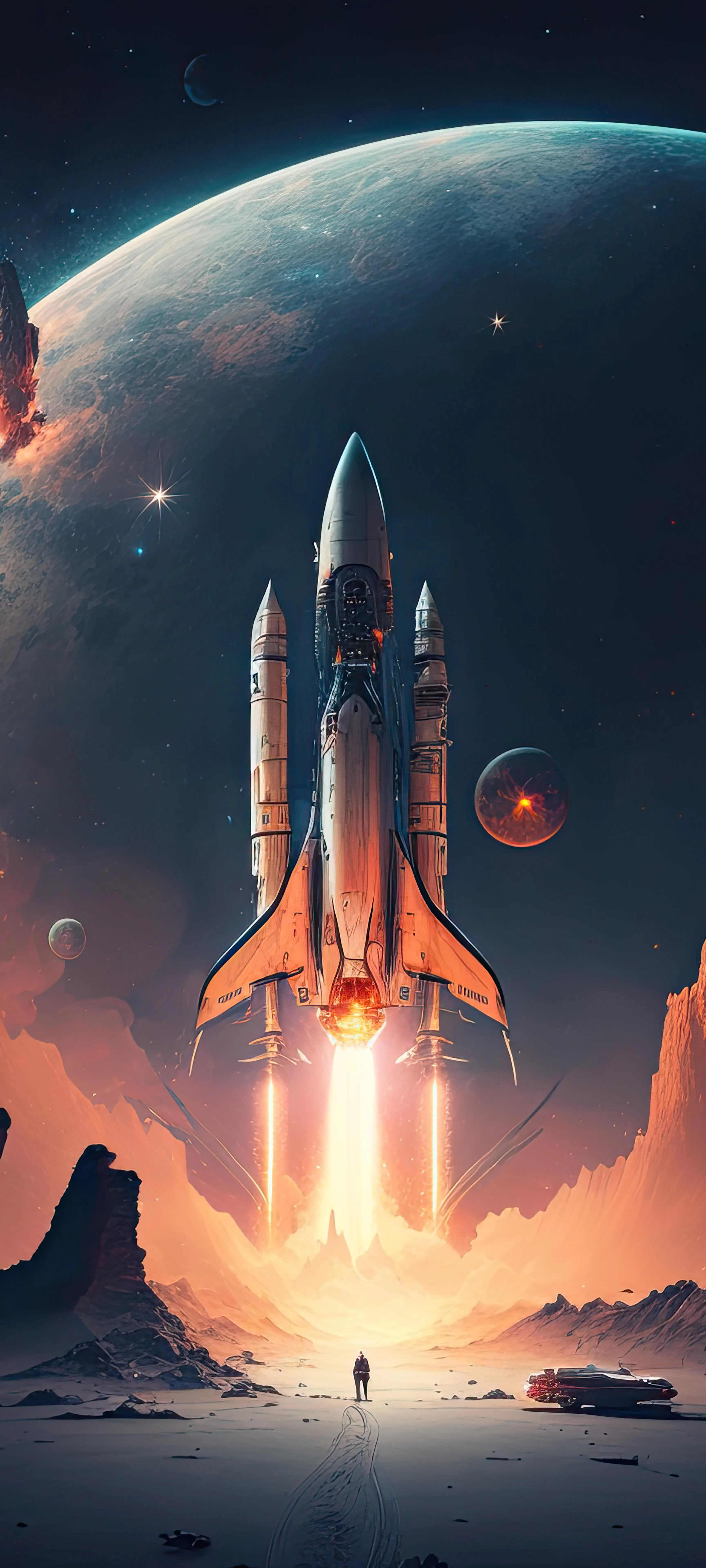 Space Rocket Launch in Glowing Orange Galaxy Sky Wallpaper