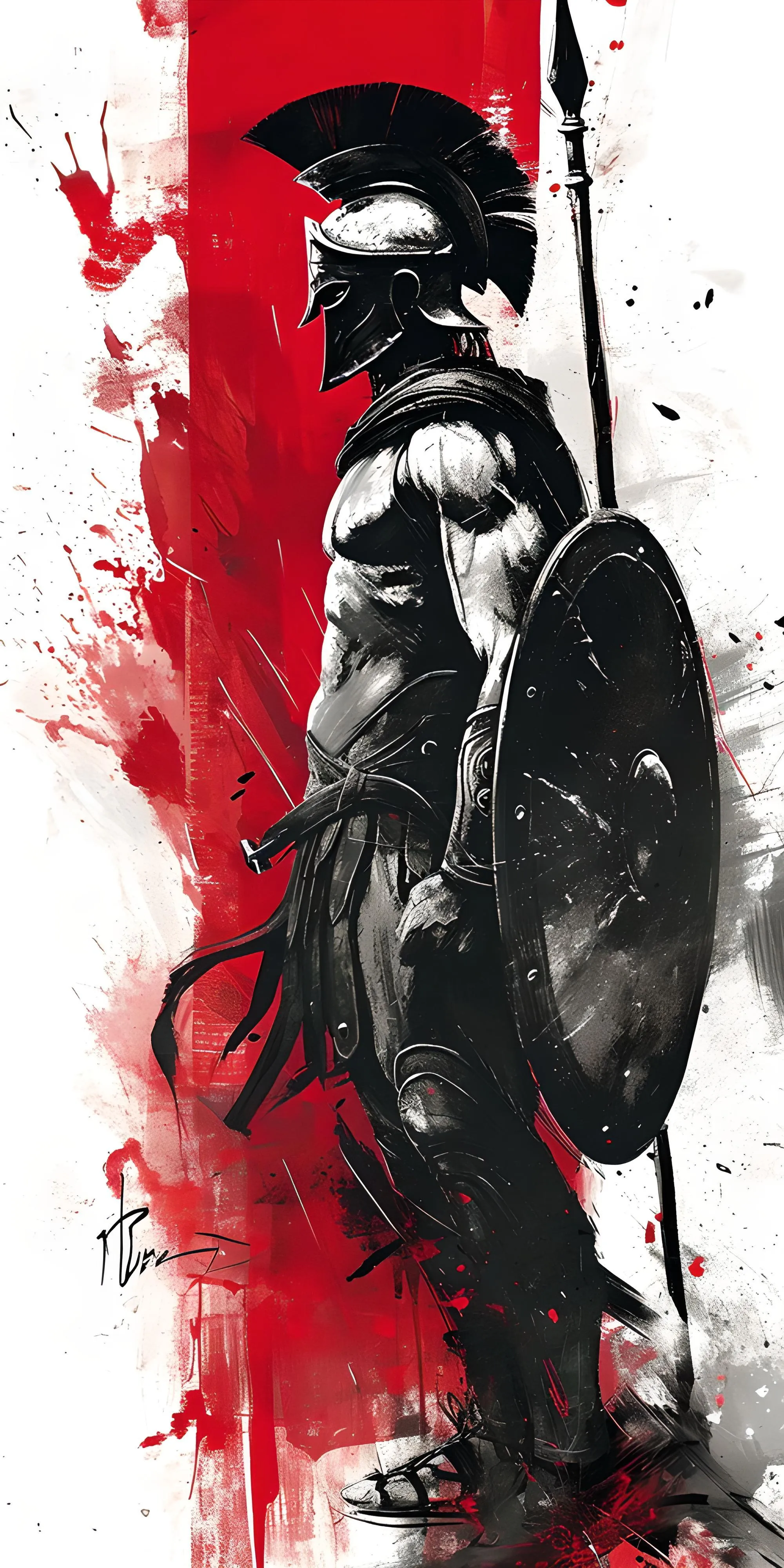 Spartan Warrior Holding Shield with Red Paint Art Image