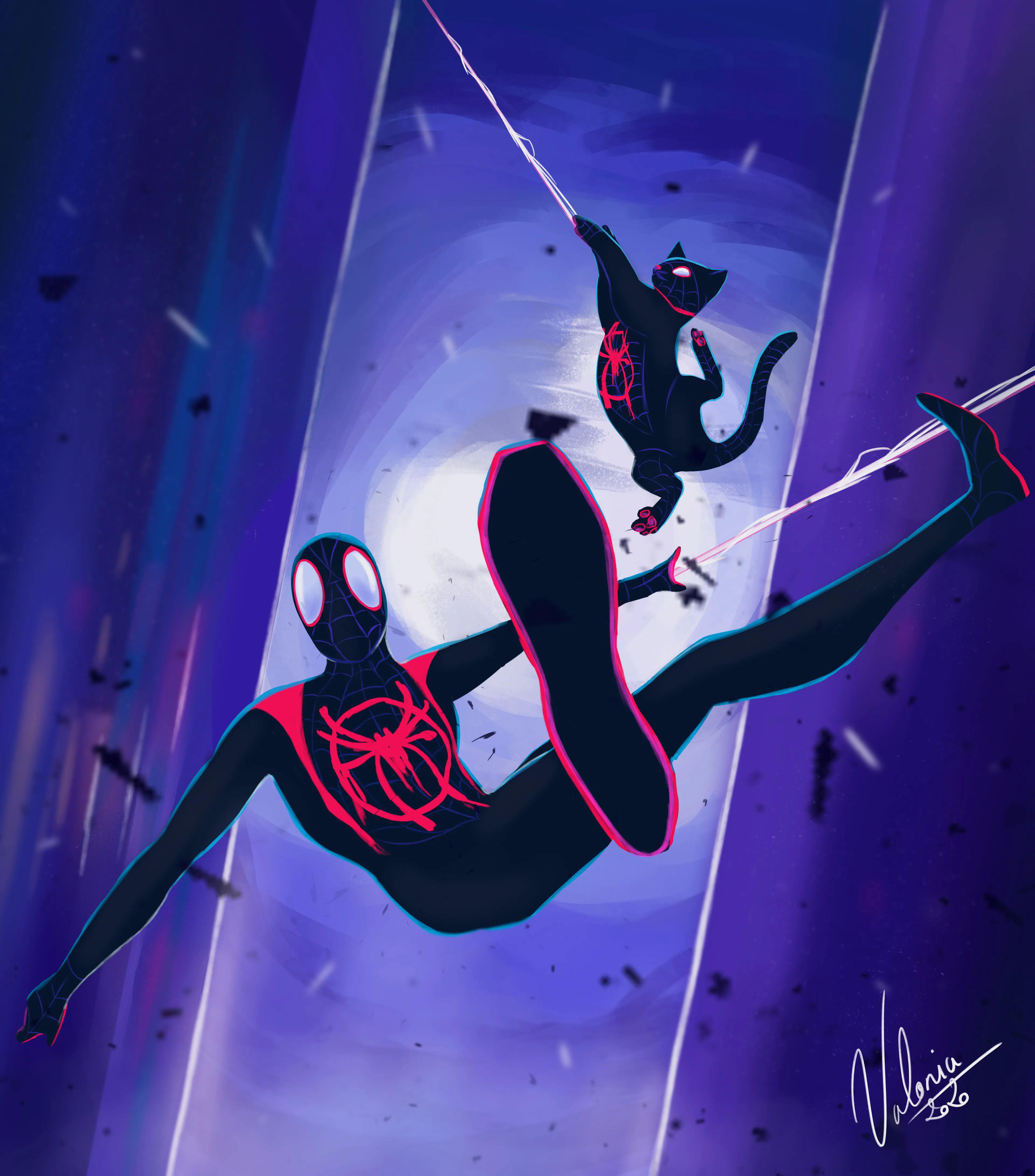 Spider Hero Swinging in Neon Lights Action Scene Wallpaper