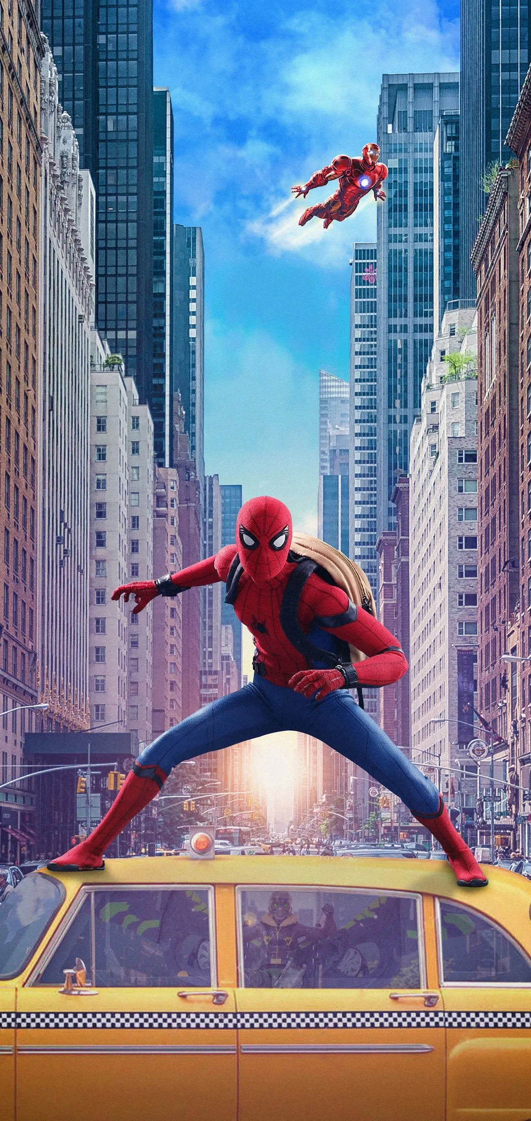 Spider Man and Iron Man Flying Through Vibrant Cityscape