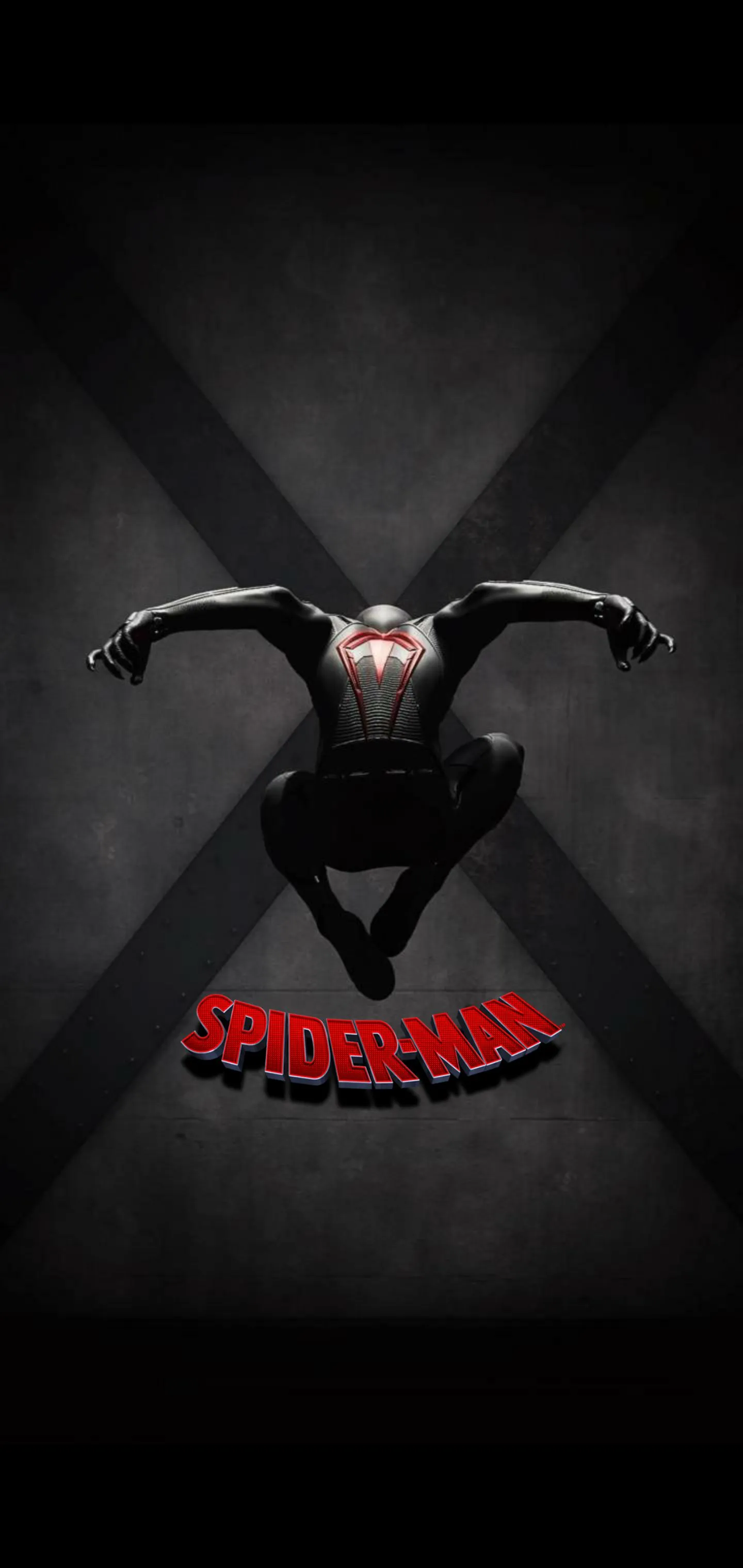 Spider Man in Black Suit Leaping Against Dark Wall