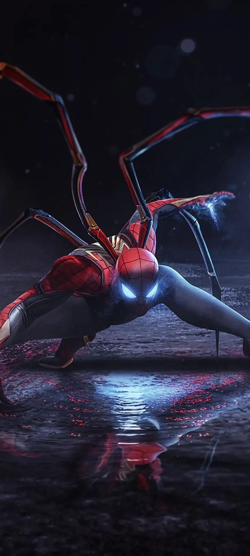 Spider Man in Iron Suit Ready for Battle at Night Wallpaper