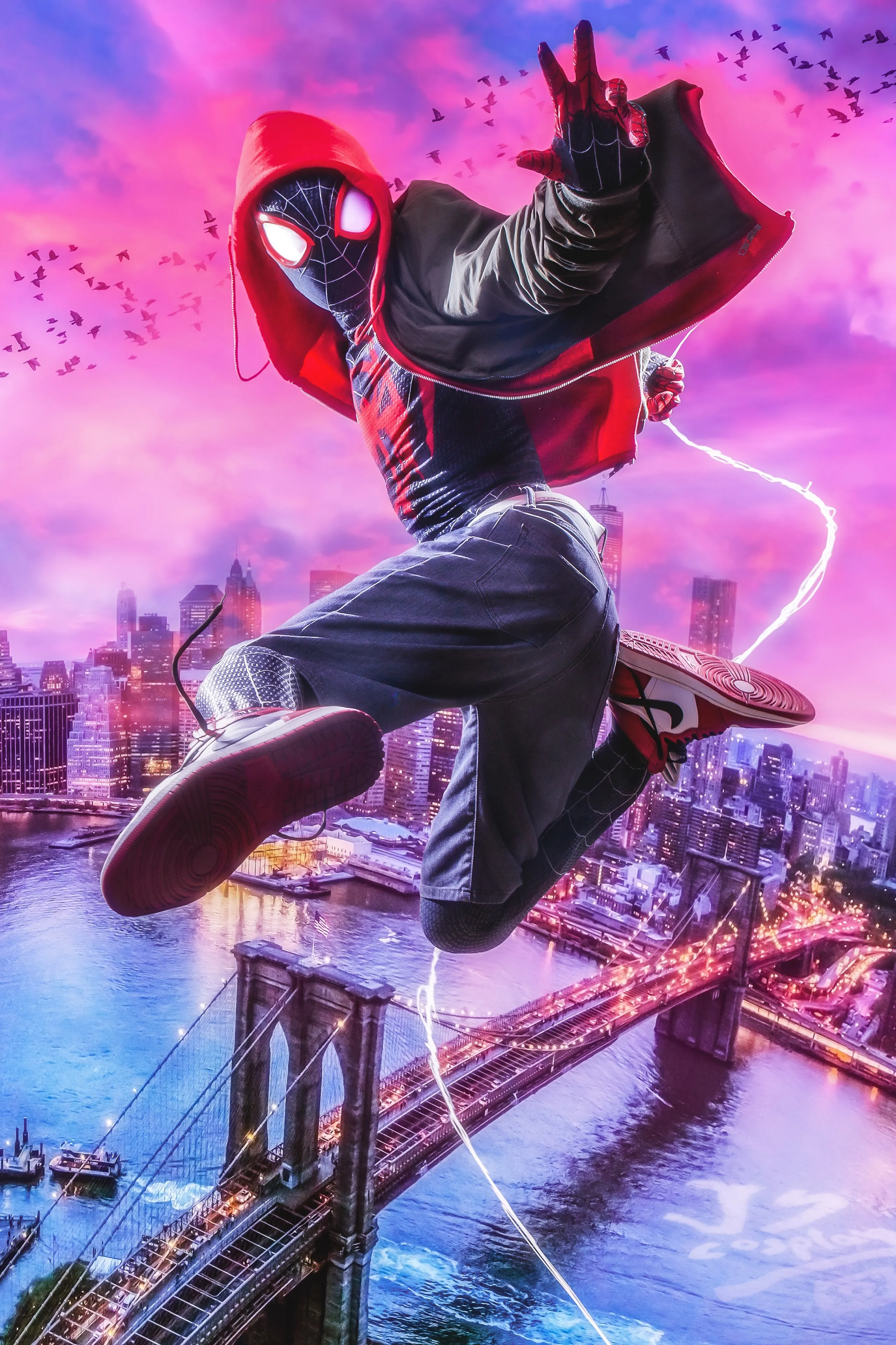 Spider Man Jumping Across City in Neon Vivid Lights Image