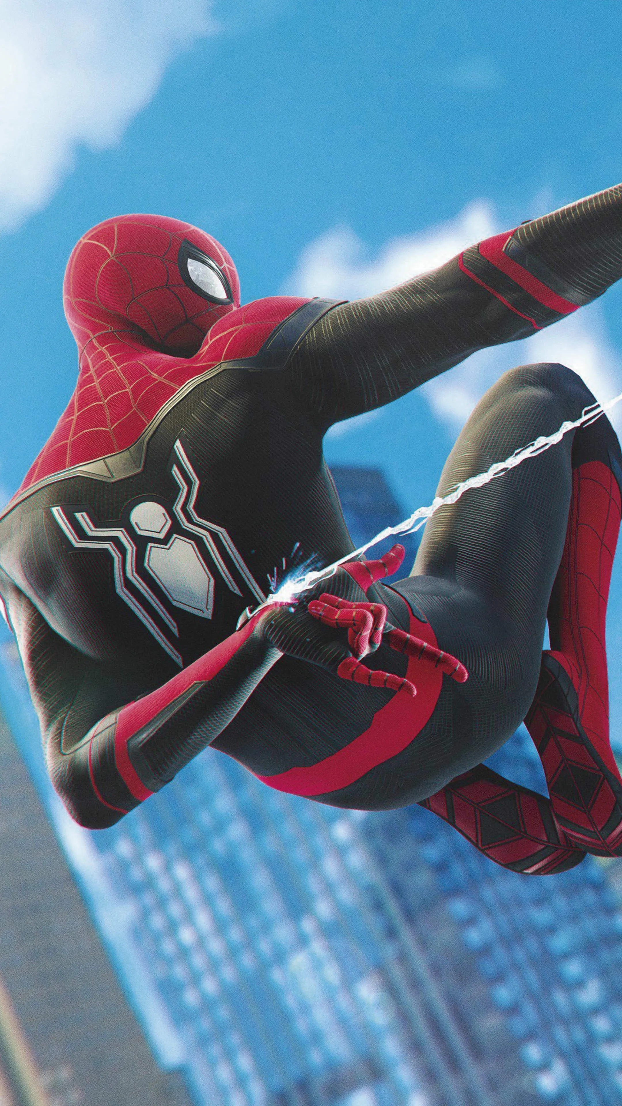 Spiderman in Red Suit Jumping Across City Buildings