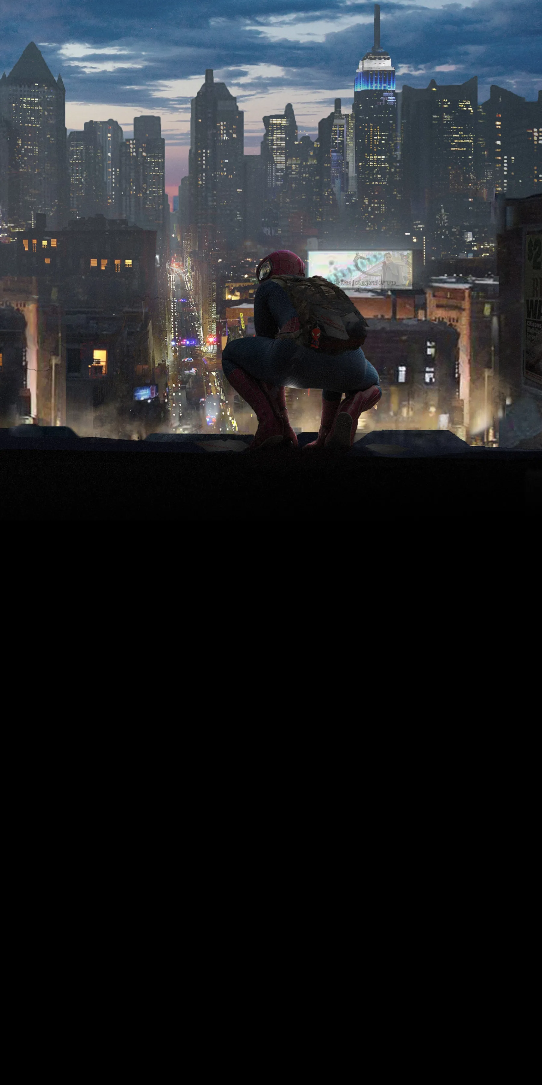 Spiderman Sitting on Rooftop Overlooking a Cityscape Image