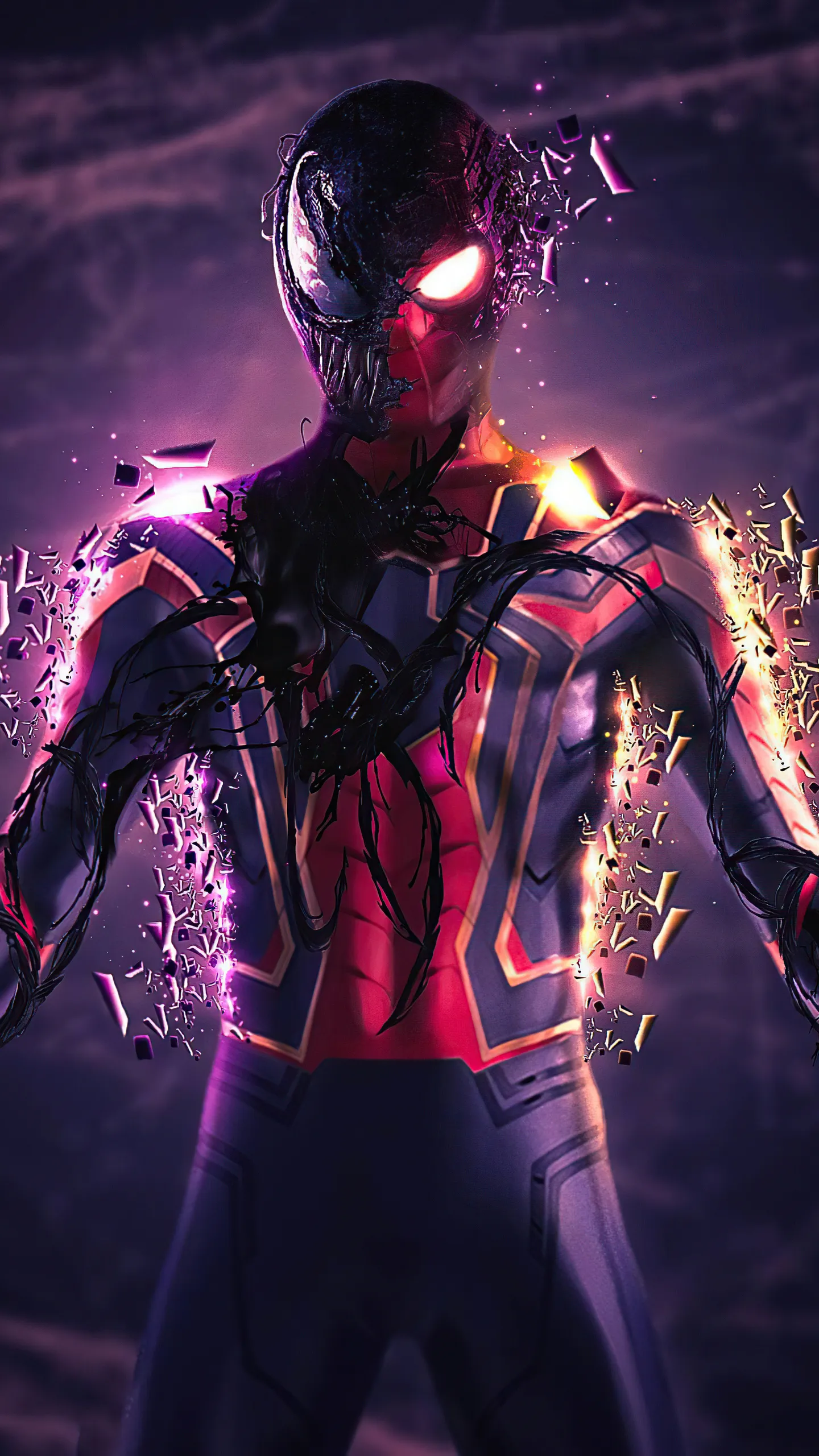 Spiderman Standing in Fire Glow with Futuristic Energy
