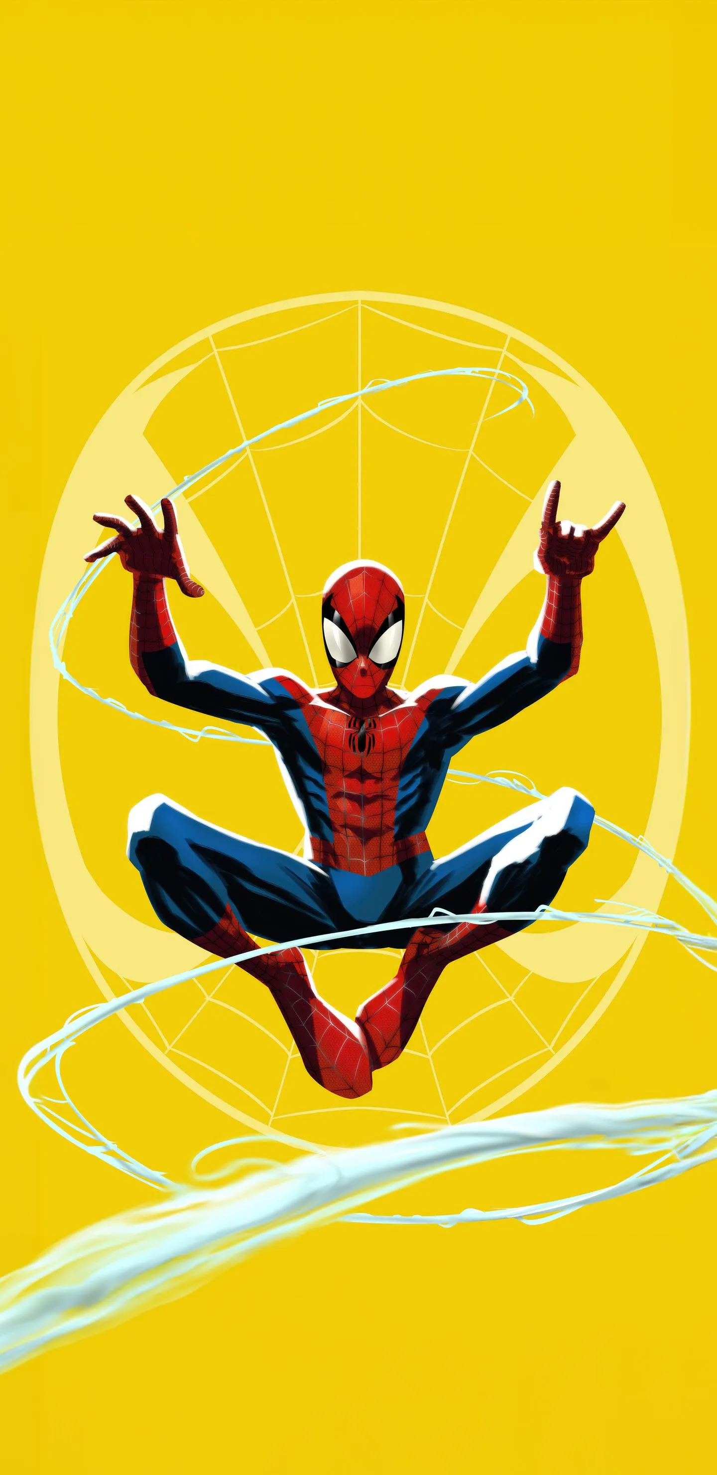 Spiderman Swinging with Yellow Background Design Wallpaper