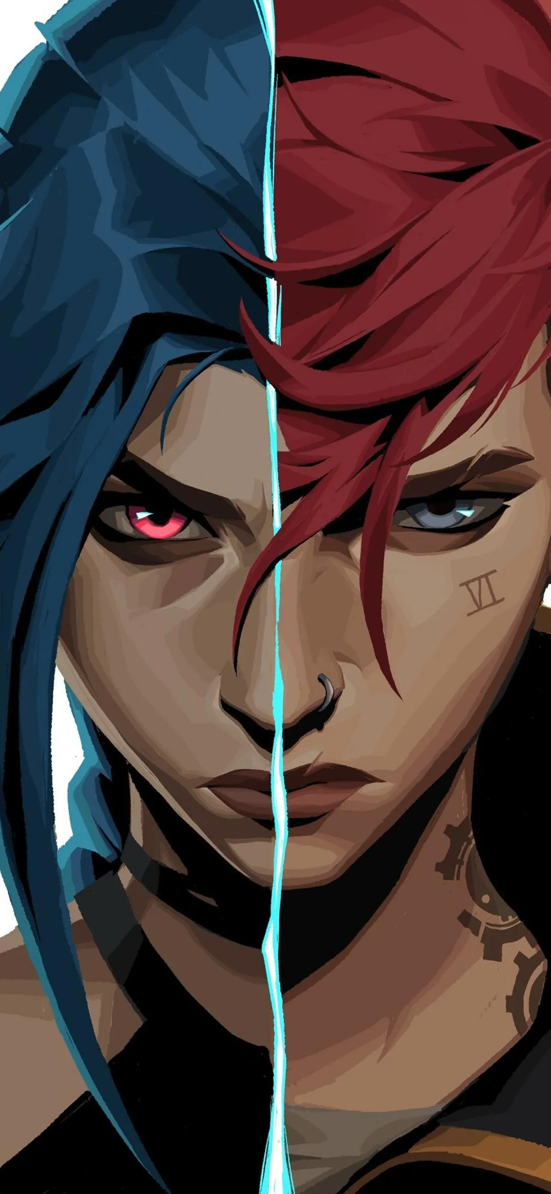 Split Face Anime Character with Red and Blue Tone Wallpaper