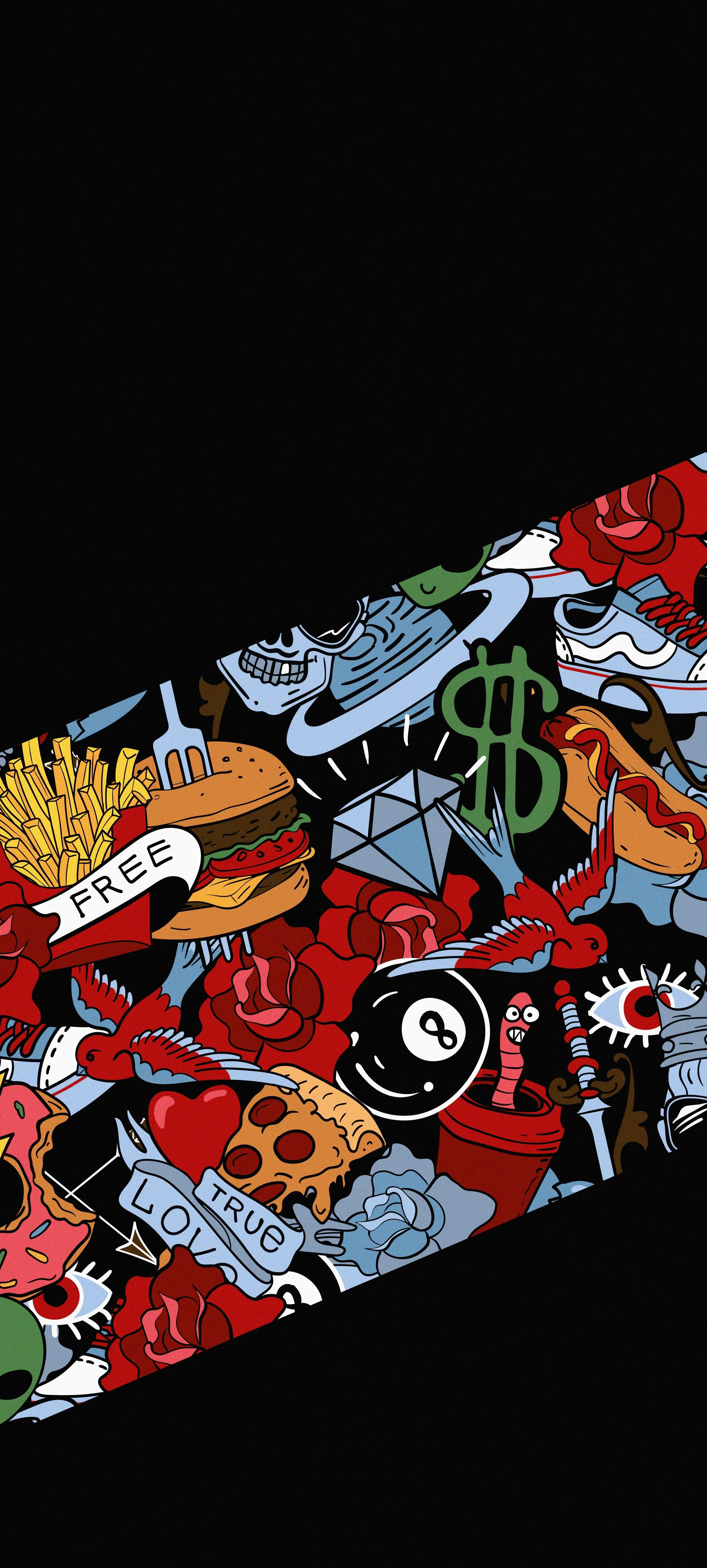 Split View of Colorful Anime on Black Background Wallpaper