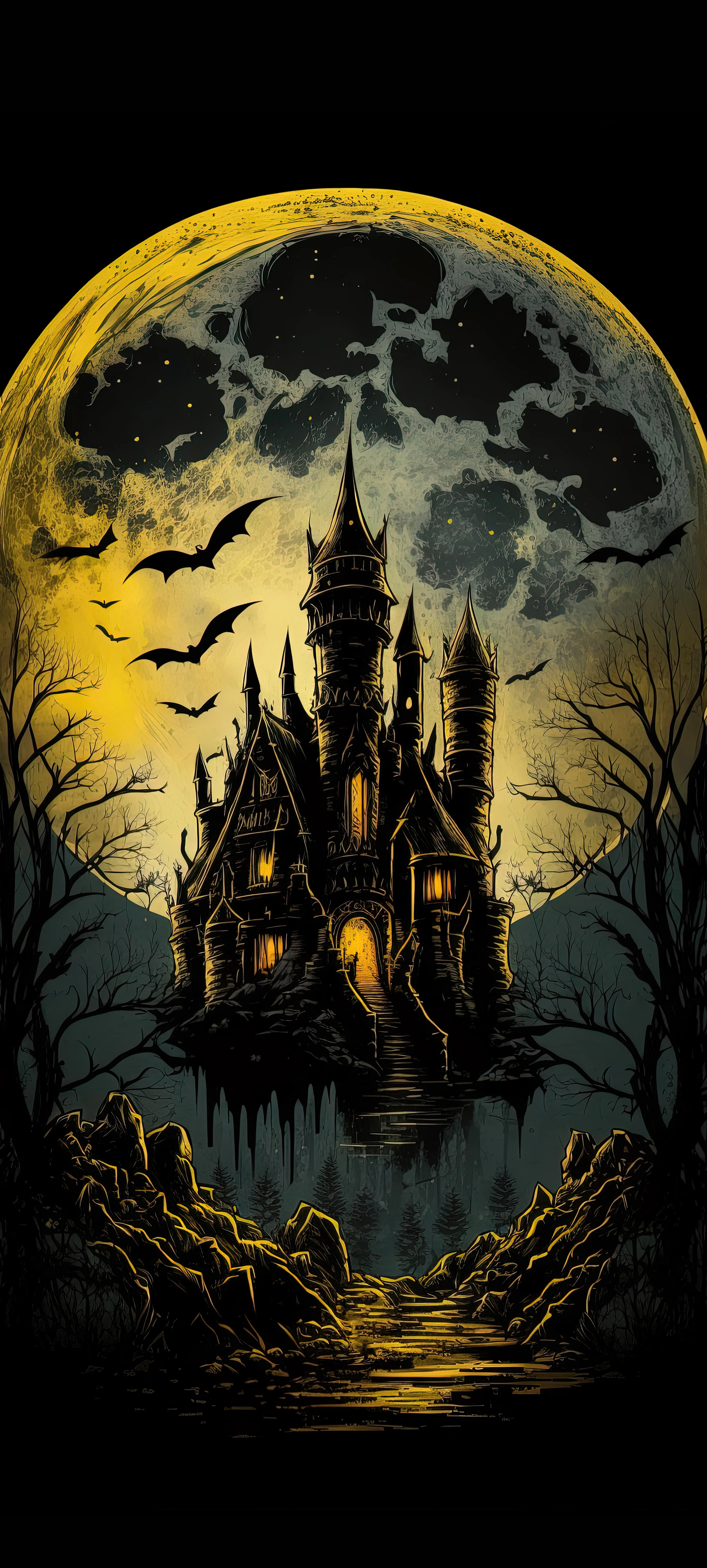 Spooky Dark Castle Silhouetted by Full Moon at Night