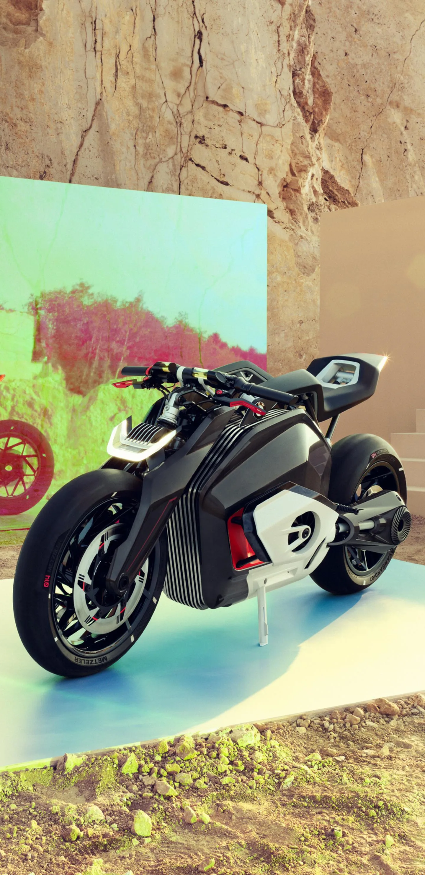 Sport Motorcycle Leaned Against Desert Wall Background