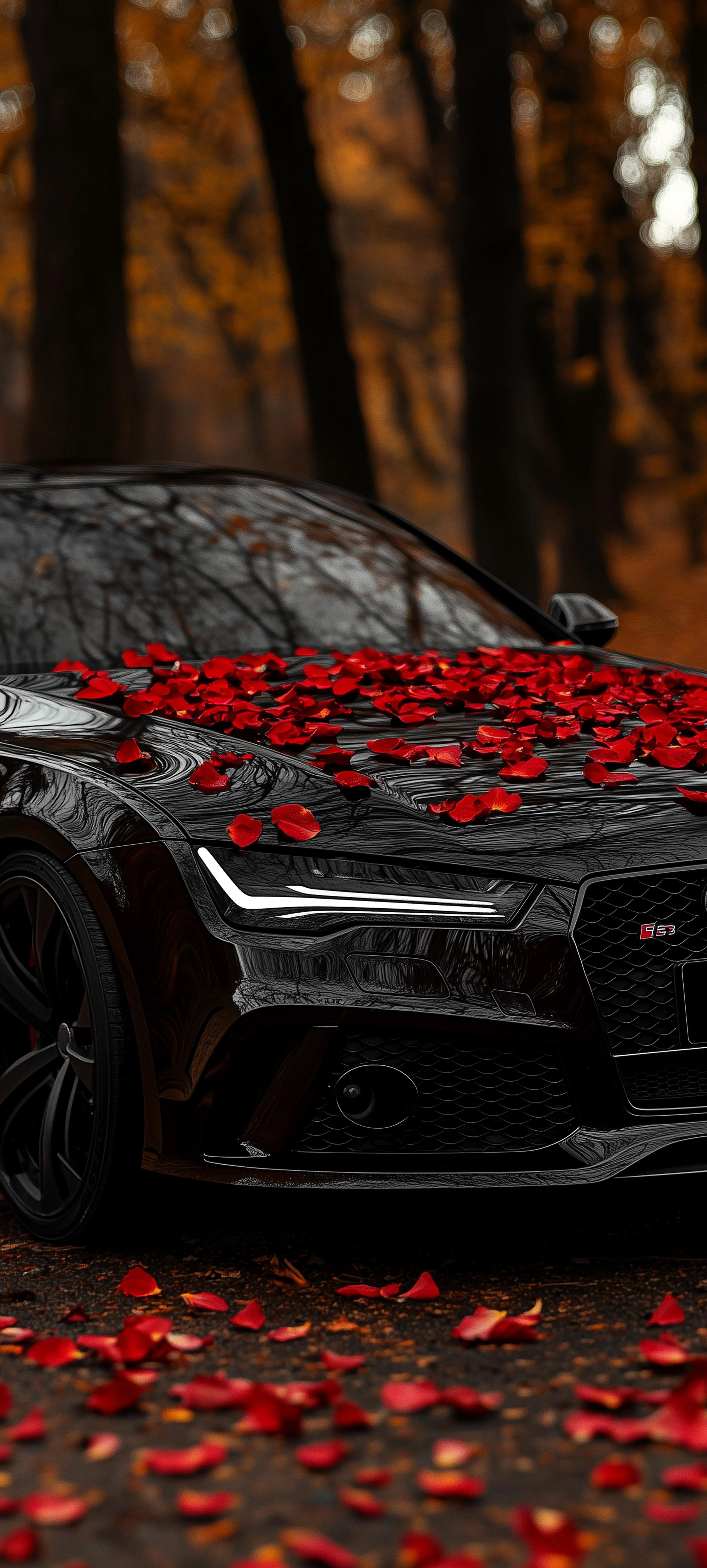 Sports Car Covered in Autumn Leaves on Forest Road Image