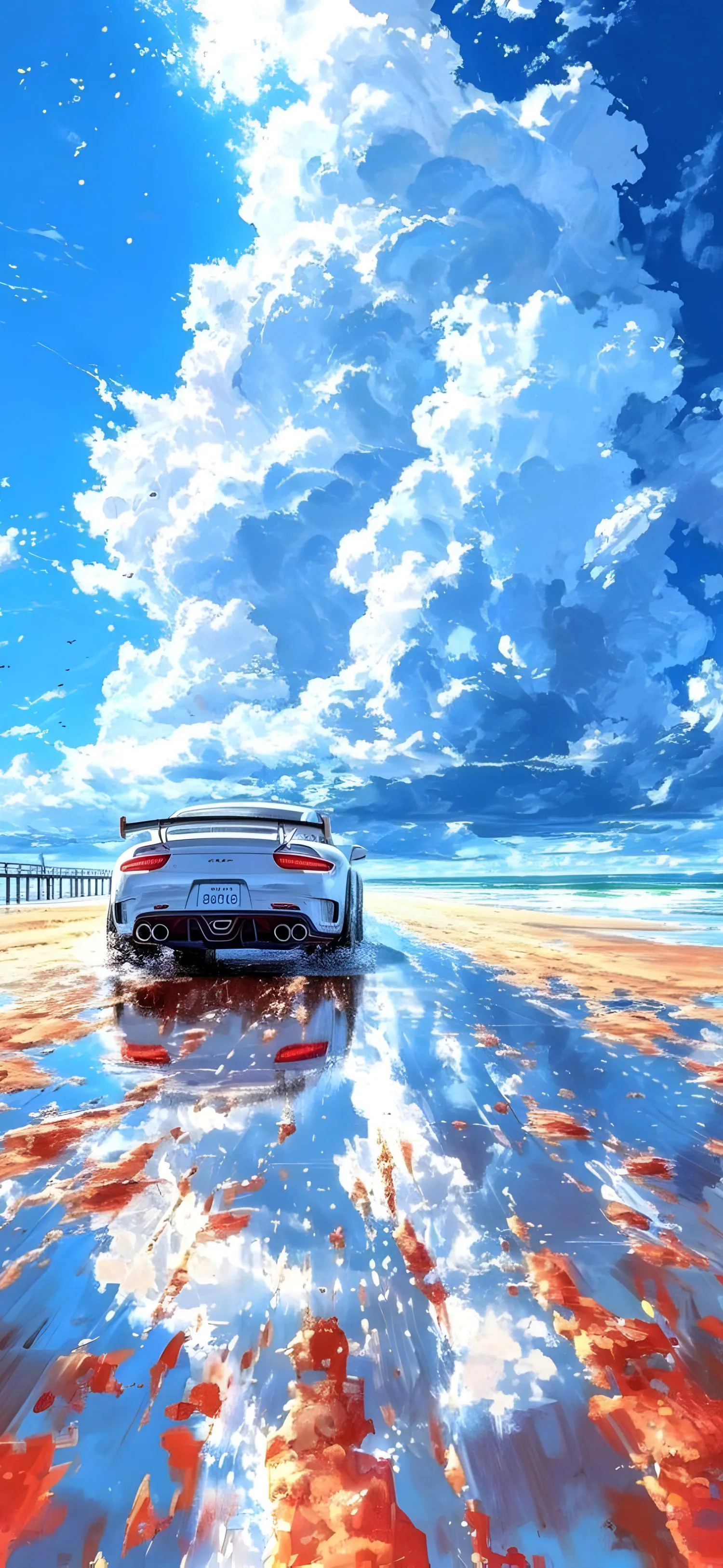 Sports Car Drives on Reflective Beach Under Vivid Skies