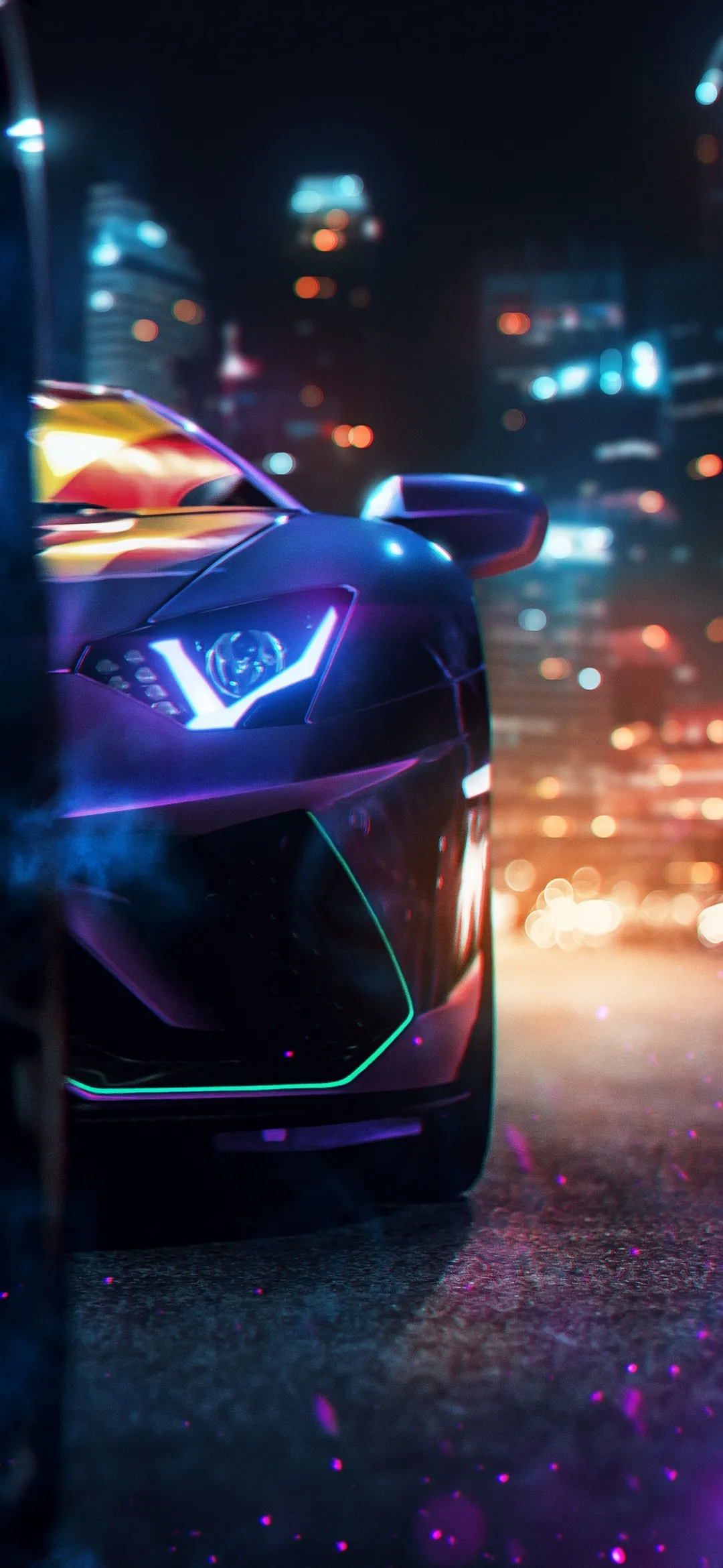 Sports Car in Night City with Blurred Neon Lights Wallpaper