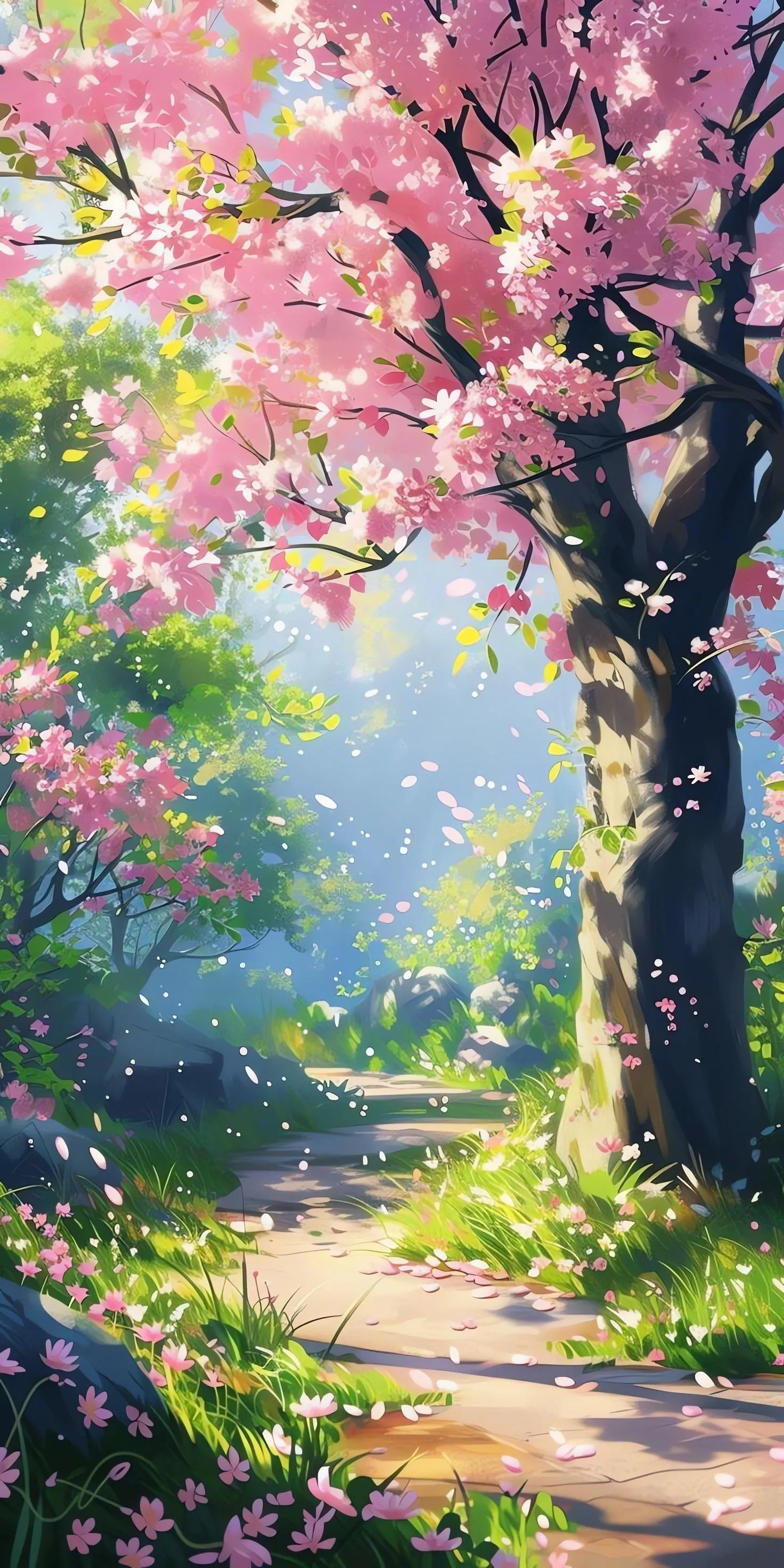 Springtime Cherry Blossoms on Trees with Bright Sunlight