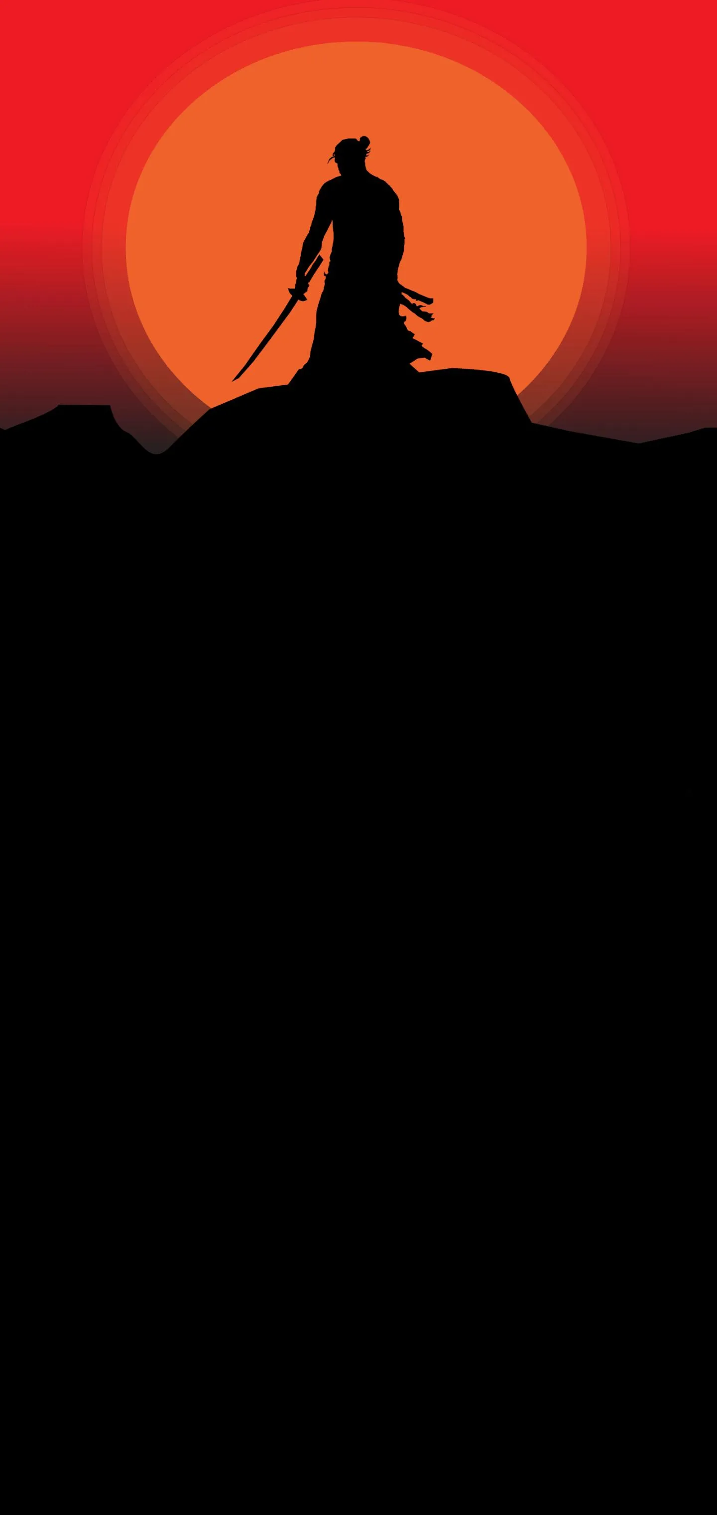 Standing Silhouette of Samurai in Front of Orange Sunset