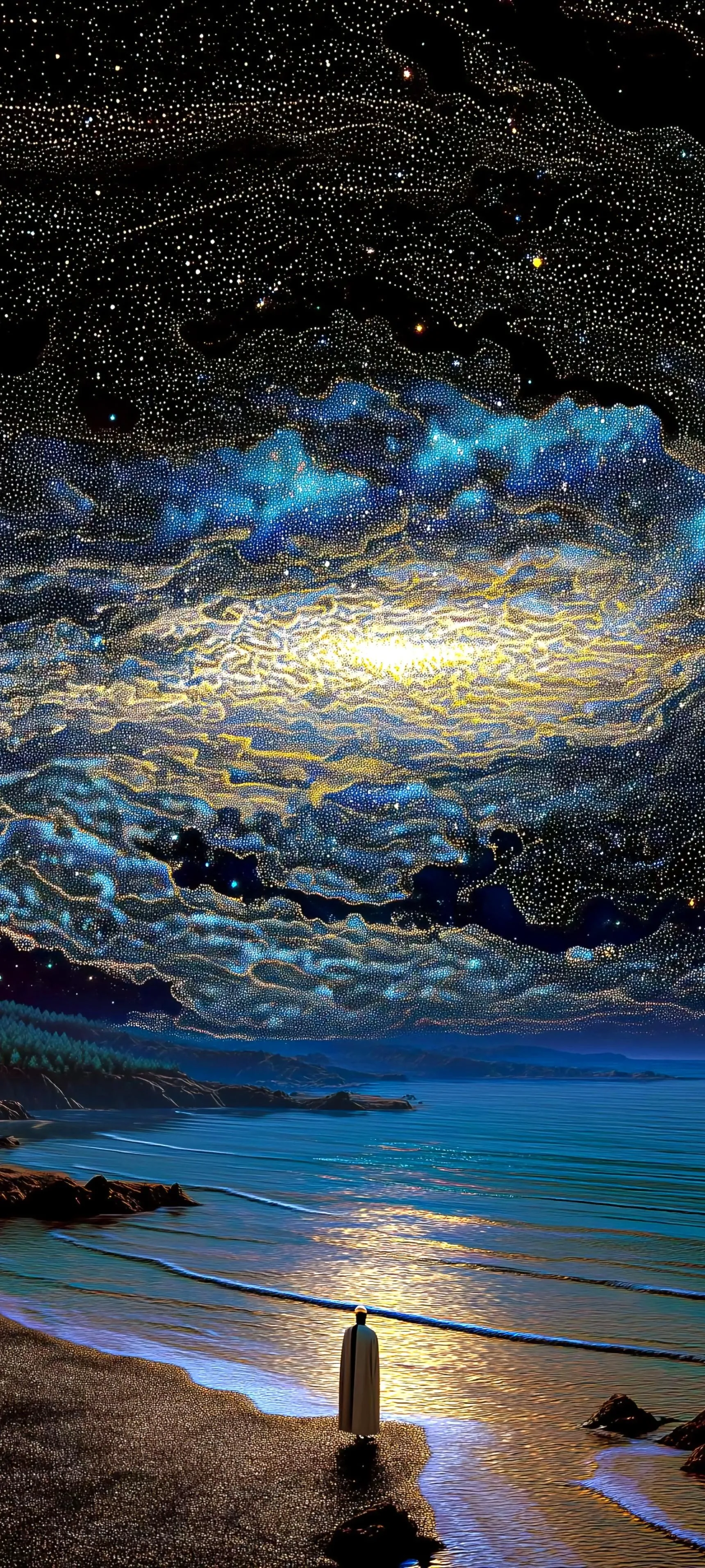 Starry Night Sky Over Beach with Bioluminescent Glow