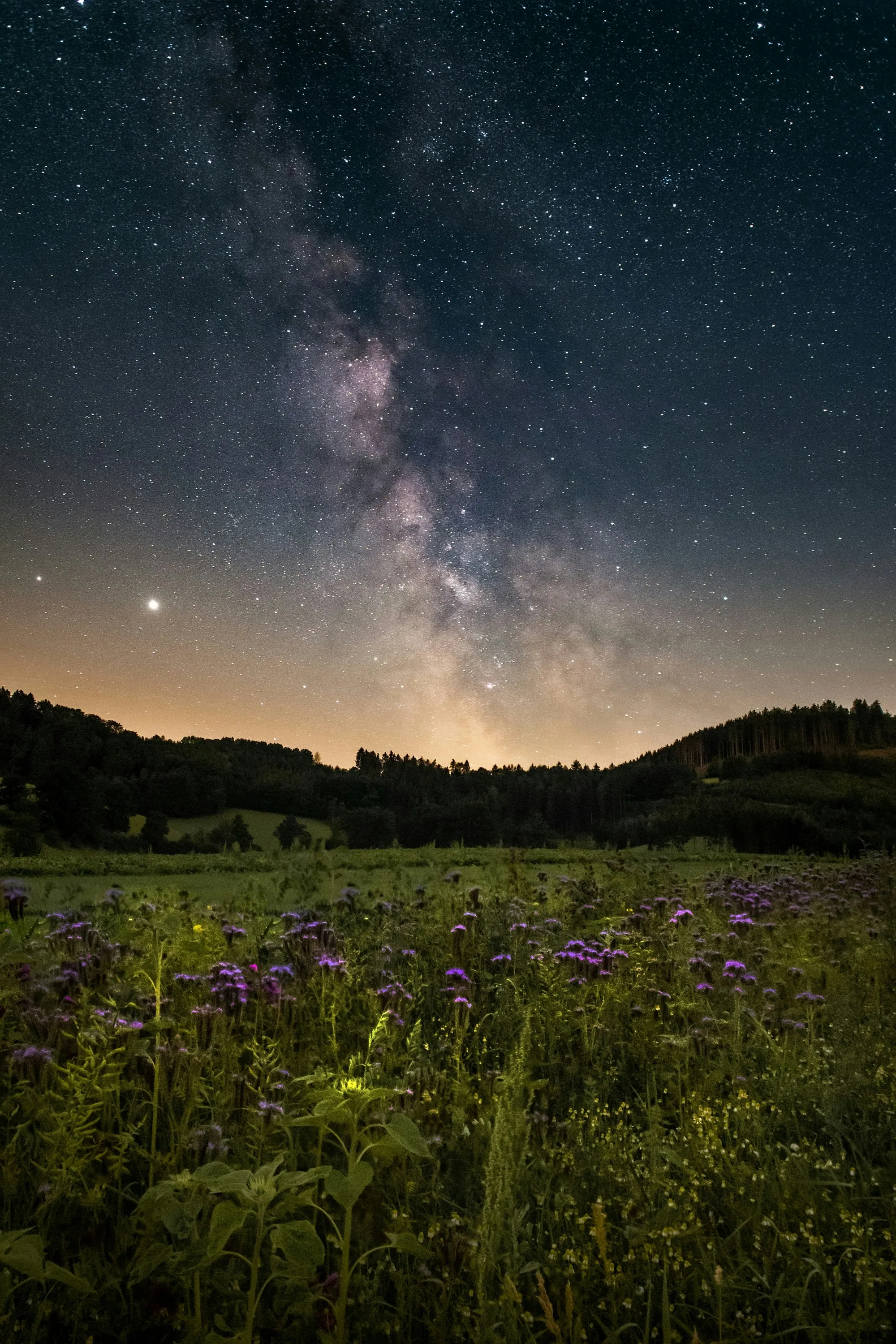 Starry Night Sky Over Green Meadow Hills Wallpaper