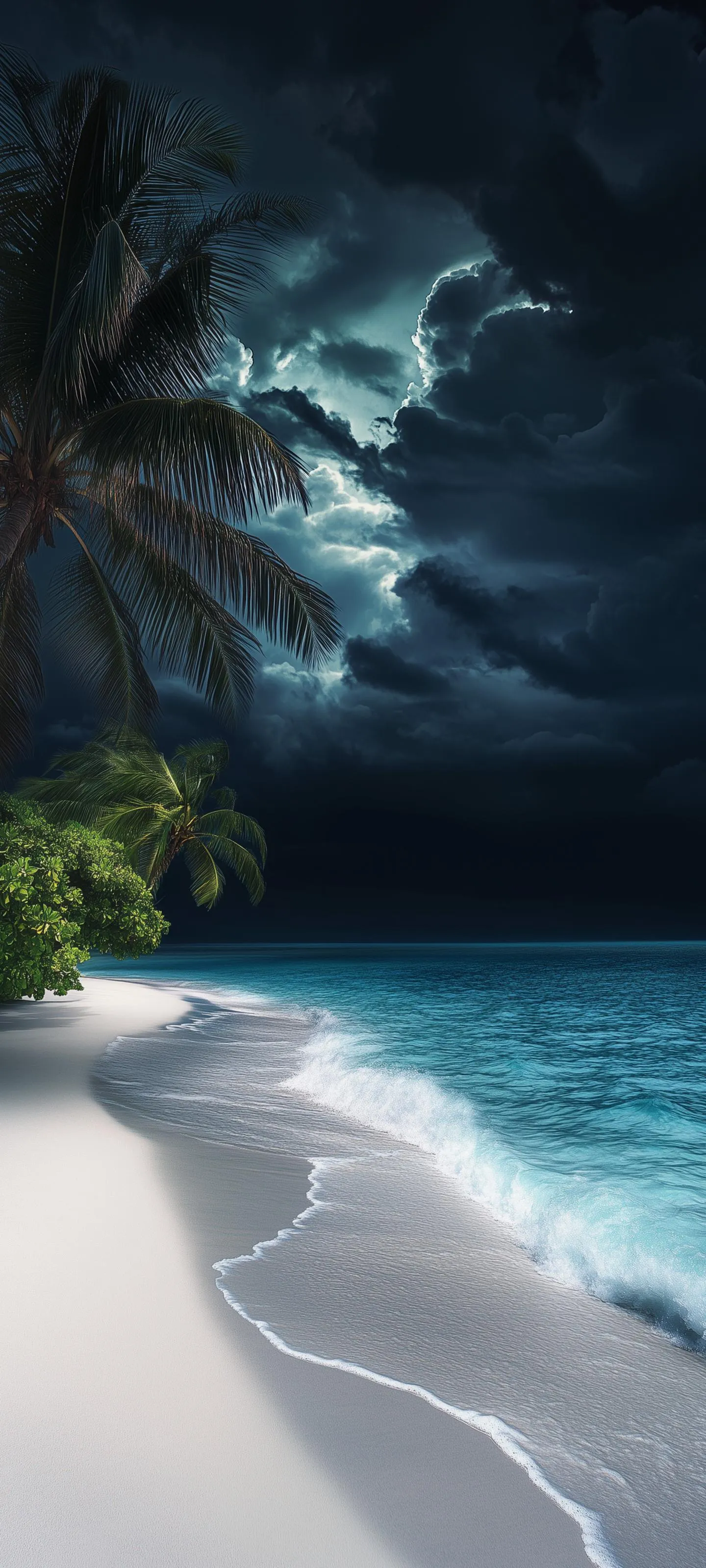 Stormy Beach Scene with Waves Crashing Against Shore