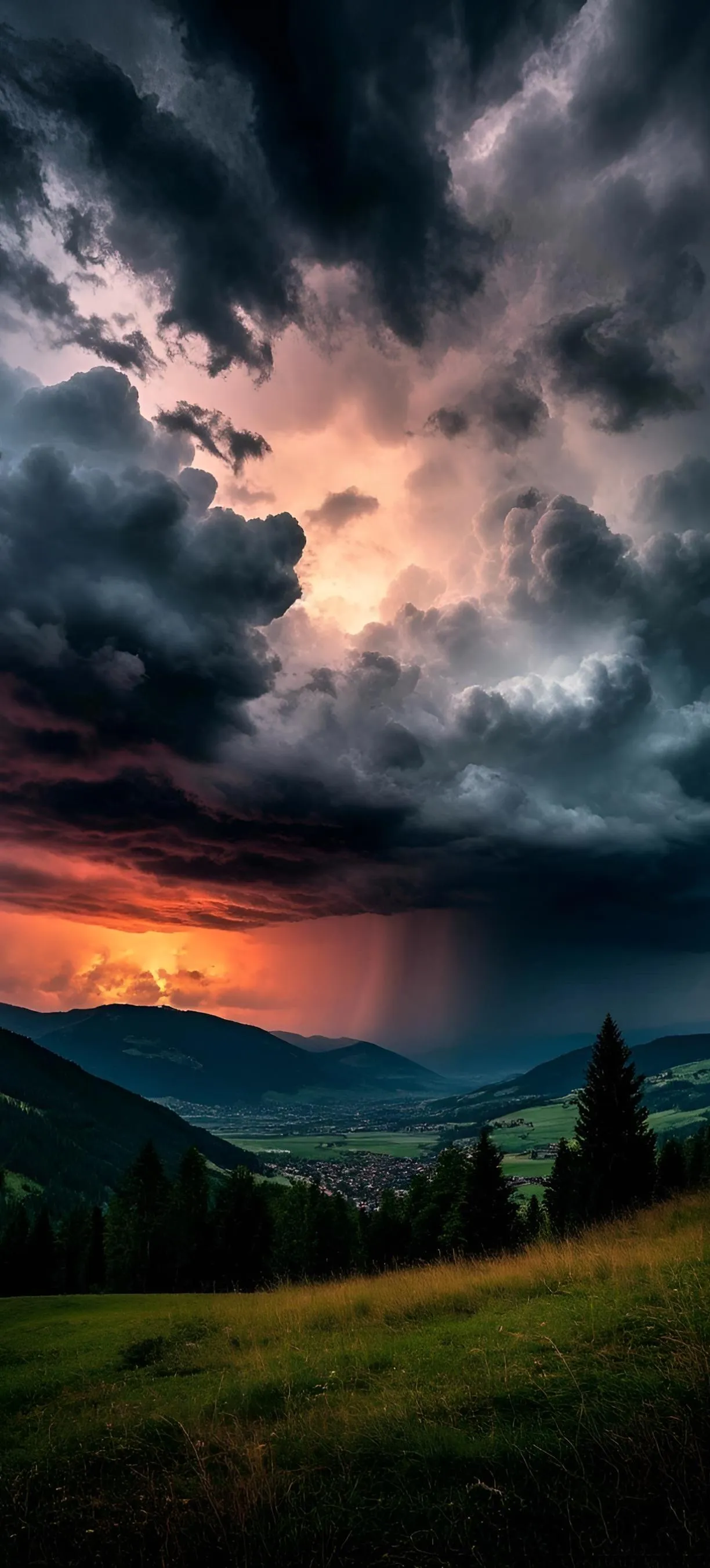 Stormy Sky with Glowing Sunset Over Green Field Wallpaper