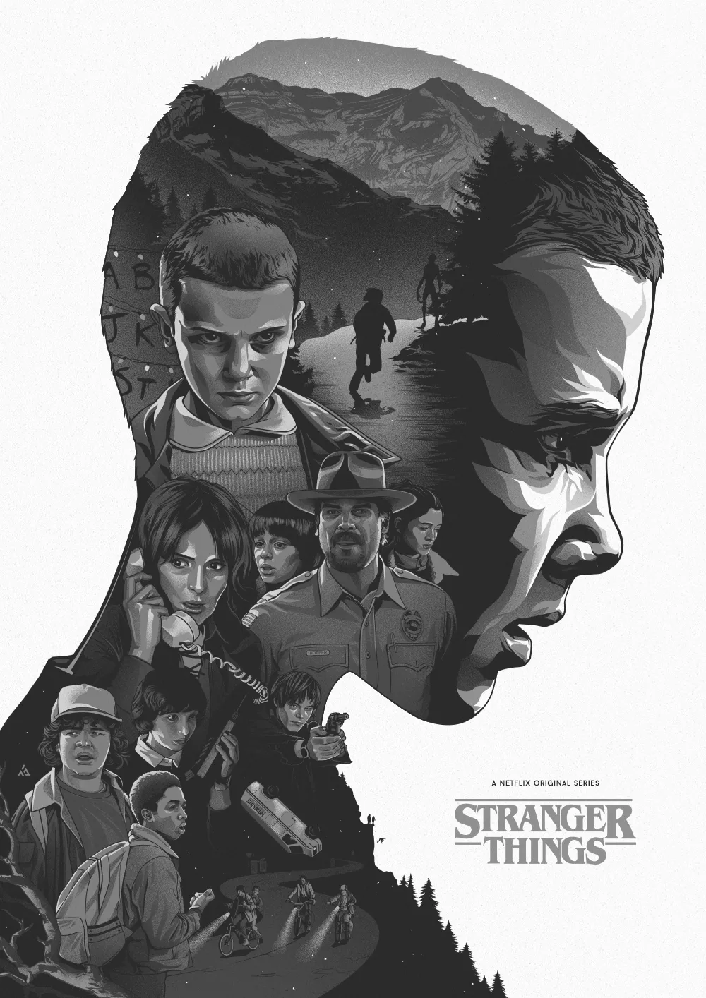 Stranger Things Black and White Poster with Main Cast